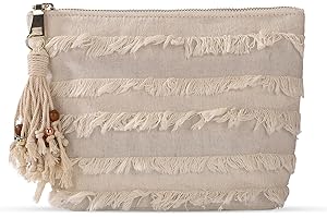 Woven Make-up Bag - Natural Linen Cosmetic Bag with Tassels Handmade for Boho Travel