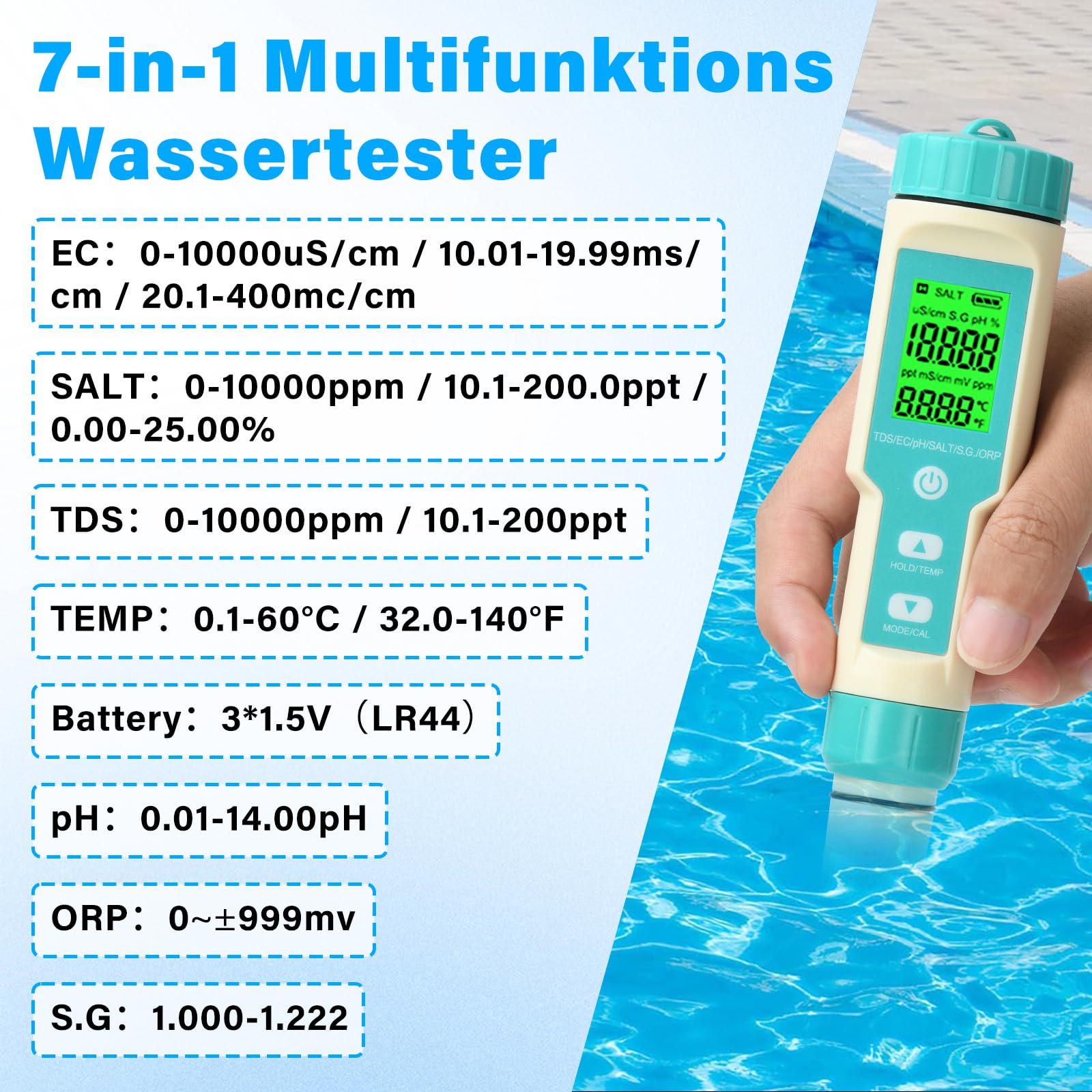 pH Messgerät Pool, 7 in1 TDS/EC/SALT/S.G/ORP/Temp/pH Messgerät Wasser, IP67 pH Tester Digital Wassertester Salzmessgerät mit Temperatur ATC, pH Meter für Hydroponik Trinkwasser