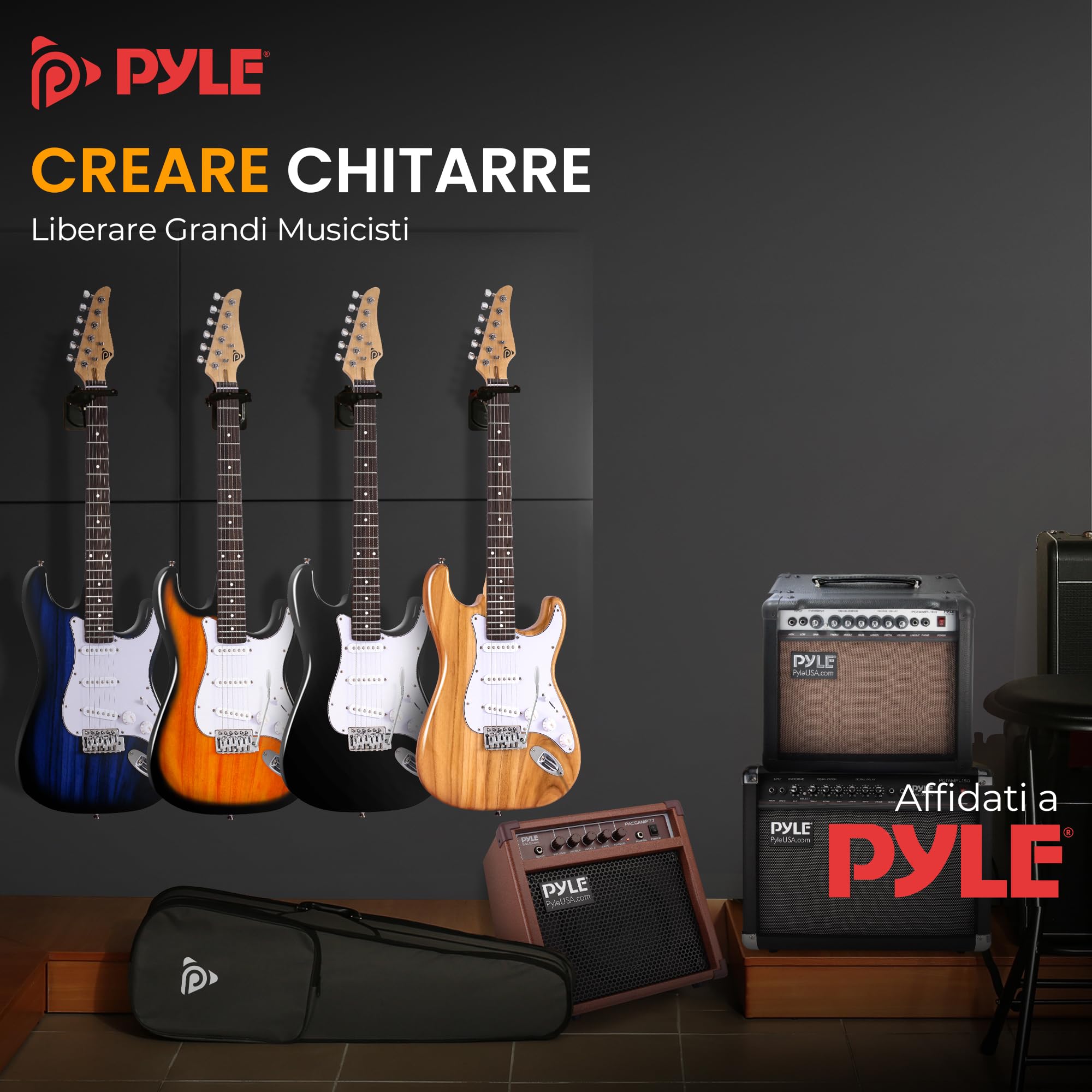 Pyle Chitarra Elettrica 99 cm con Amplificatore Bluetooth, Chitarra Kit Completo, Guitar con Cavo Jack 6,35 mm, Custodia, Cinghia, Corde, Plettri, Pickup ST, Blu Sfumato