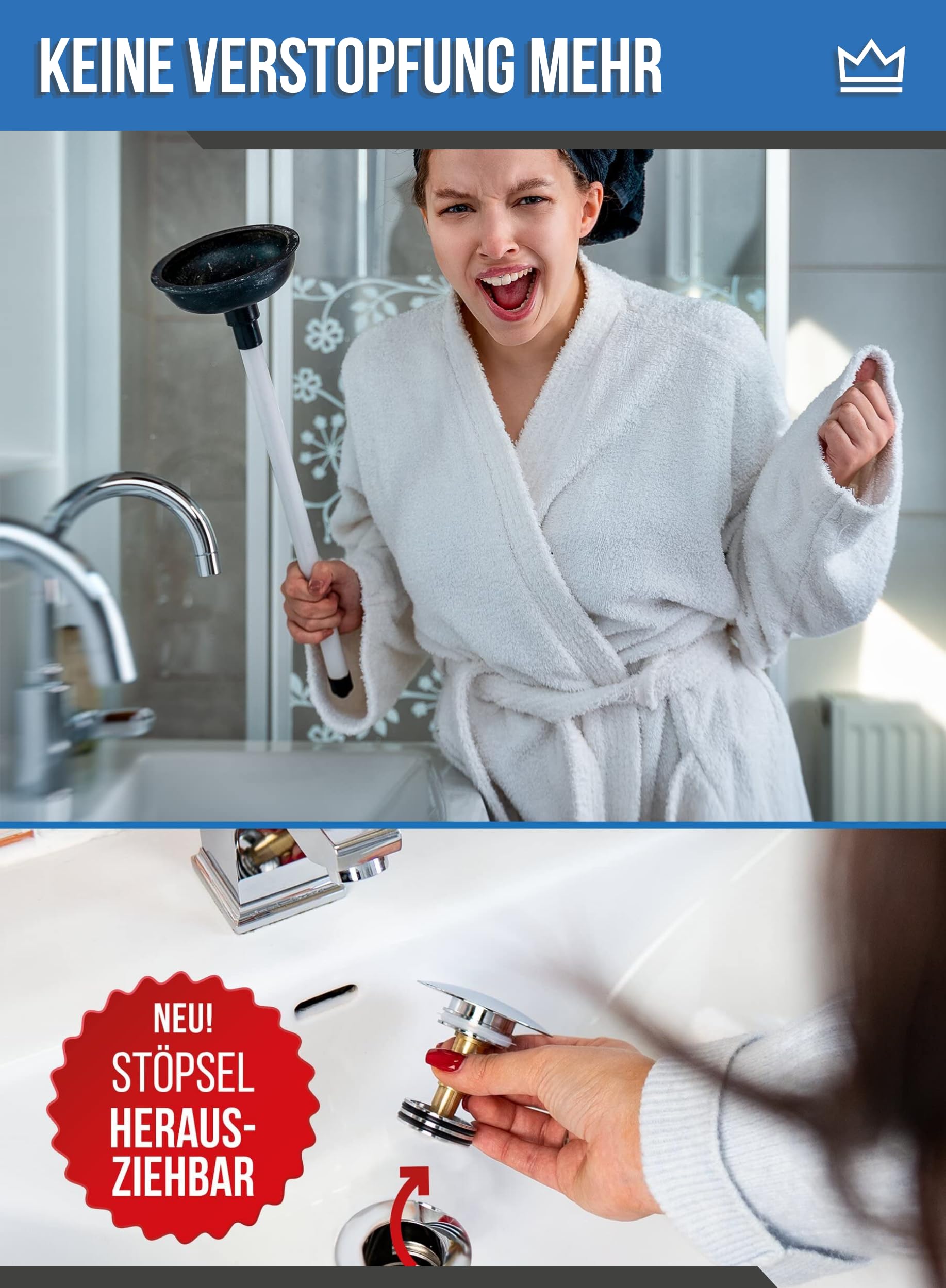 FEINER Juego de 2 desagües universales para Lavabo, Apto para lavabos y lavabos con rebosadero, estándar de 1 ¼ Pulgadas, tapón extraíble con atrapasueños, Juntas de Repuesto e Instrucciones de