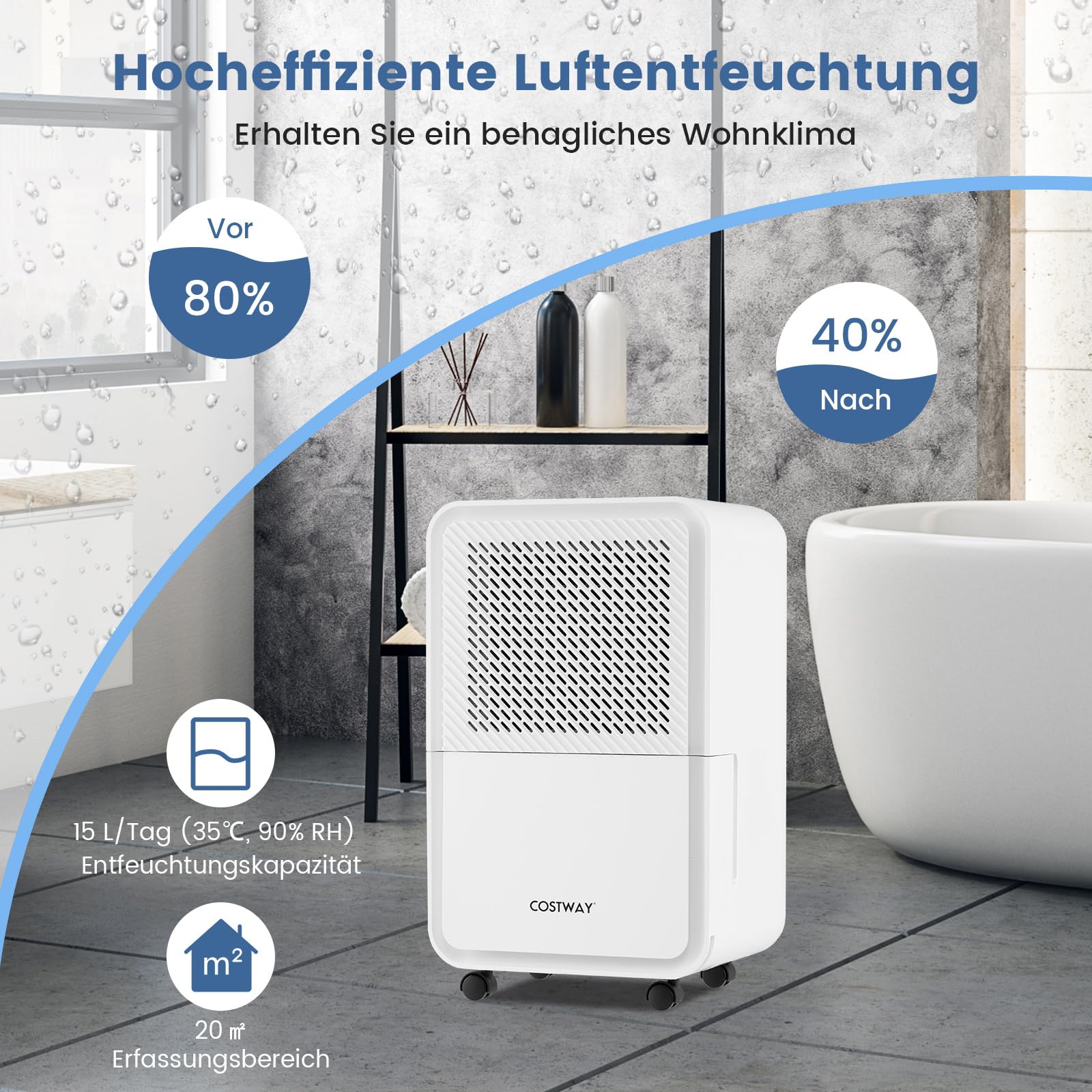 COSTWAY Elektryczny osuszacz powietrza 15 l/dzień, do pomieszczeń do 20 m², osuszacz powietrza z 4 trybami, wskaźnik LED, timer 24 h, funkcja rozmrażania