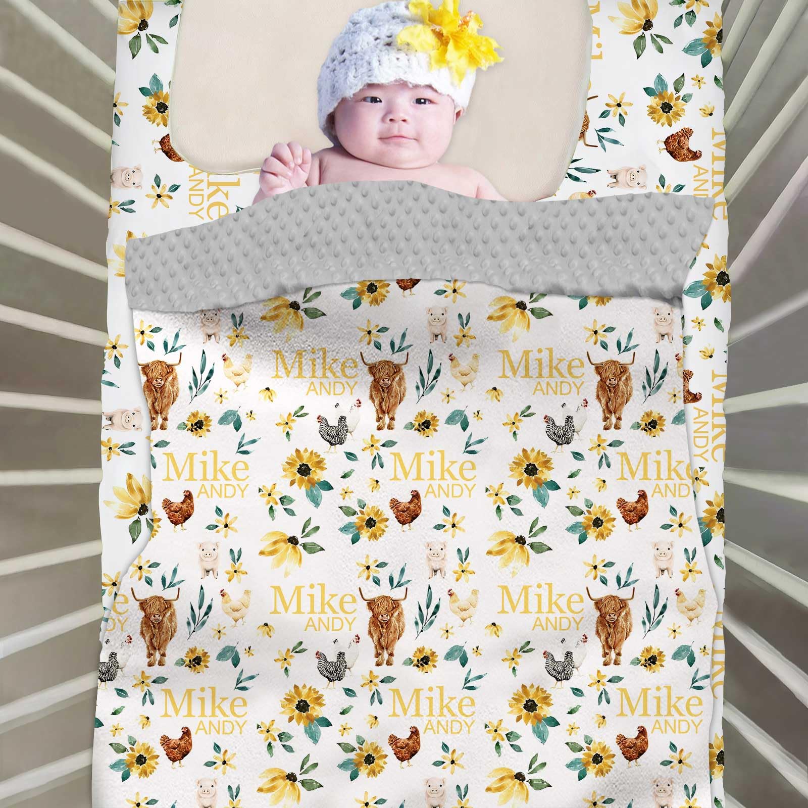 Munific Custom Name Baby Bedding Set for Boys Girls, Personalized 2 Piece Animals Baby Nursery Sets, Dotted Backing Blanket, Fitted Sheet, Nursery Baby Bedding Set for Newborn Toddler Infant Babies