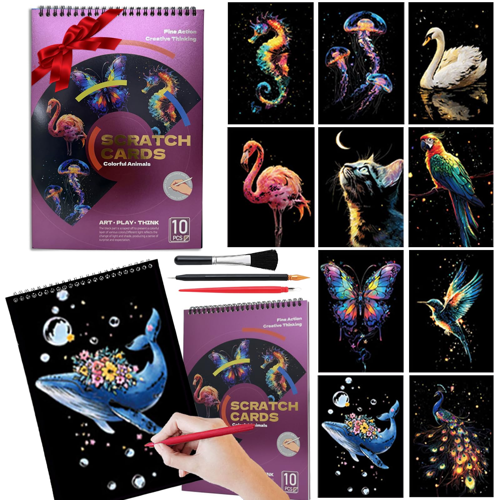 Animal Scratch Art Adults 10 Page Mindfulness & Stress Relief Scratch Painting Kit Intricate Wildlife Designs Premium Black Rainbow Scratch Paper Creative Hobby & DIY Gift Idea （Colorful Animal）
