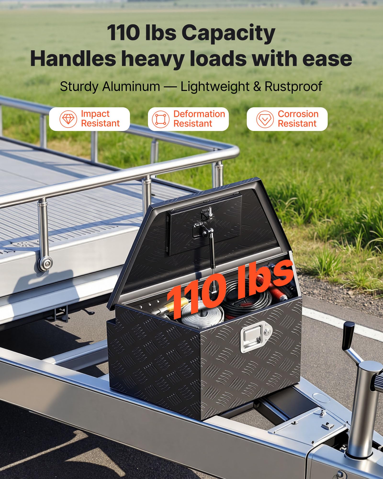 VEVOR Deichselbox Truckbox 660 x 330 x 305 mm aus Aluminium, 50 kg Belastbare Werkzeugaufbewahrungsbox mit Schloss & Schlüsseln, Anhängerbox für Pickup-Ladeflächen RV SUVs Geländewagen, Schwarz