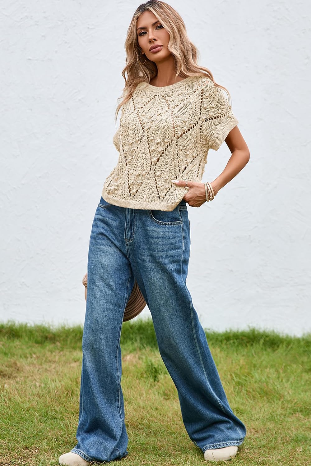 Cakulo Womens Summer Short Sleeve Crochet Sweater Casual Boho Crop Tops 2026 Beach Vacation Clothes Cruise Outfits - Image 7