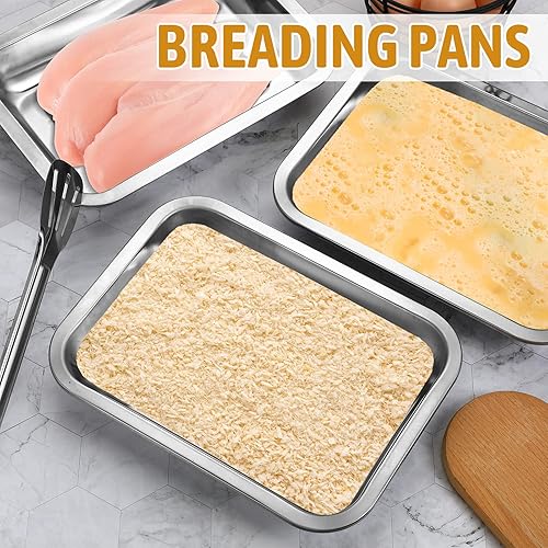 Miniatura 4 de Mumufy Juego de 3 bandejas de pan grandes de acero inoxidable con pinzas para dragar pechugas de pollo y marinar carne, bandejas de preparación de