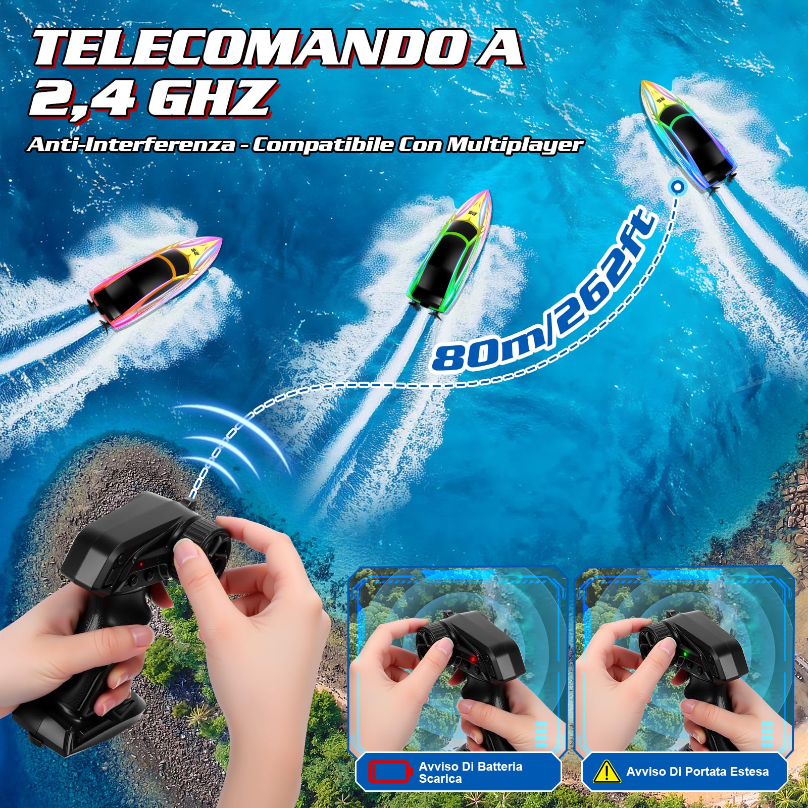 FORMIZON Barca Telecomandata, 2,4 GHz Motoscafo Radiocomandato con 7 Modalità luce a LED, 15 km/h Barca RC per Piscine e Laghi, Barche da Corsa Speedboot Giocattolo per Bambini e Adulti (Blu)