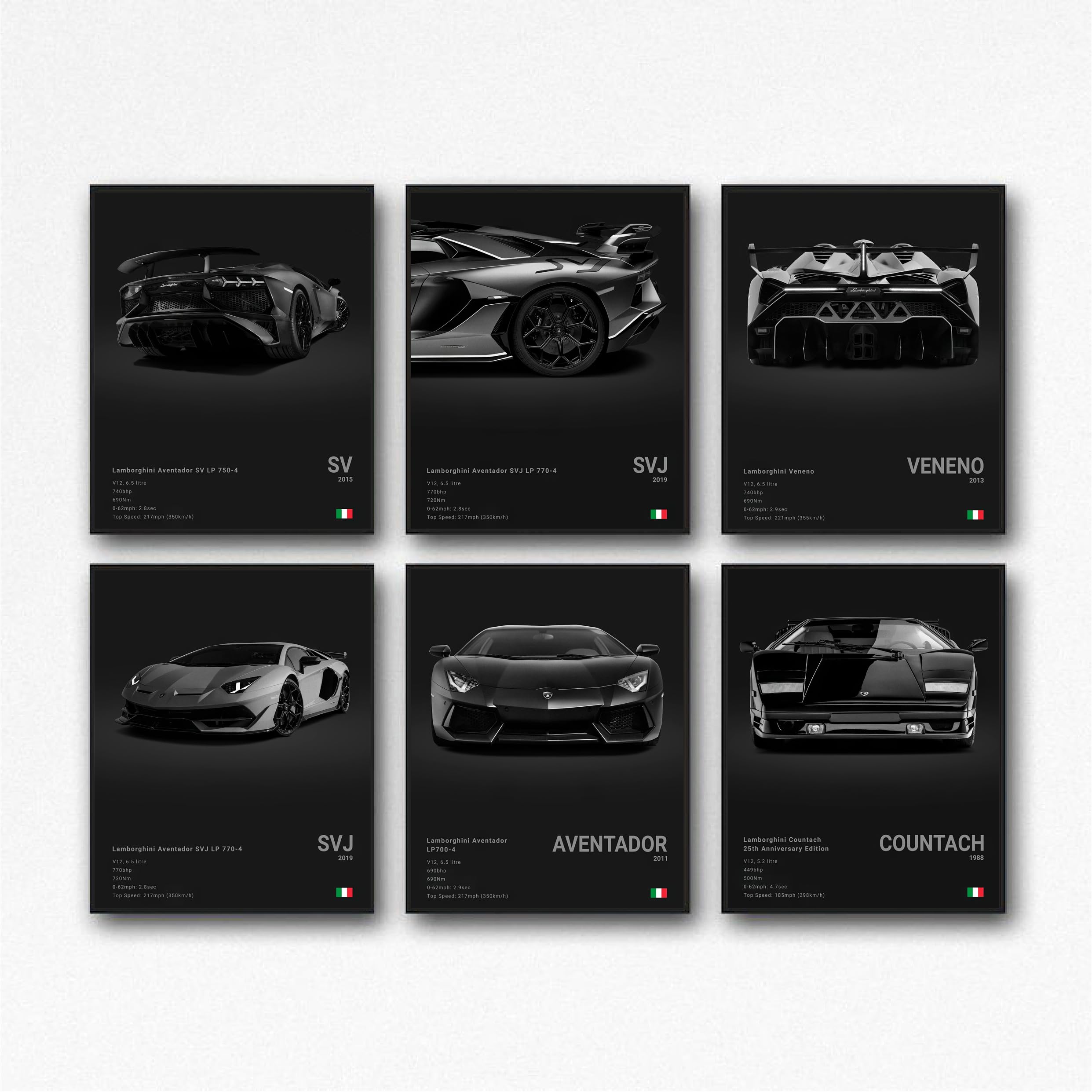 XUPUE Super Car Posters Wall Art For Boy's Bedroom Racing Car Aventador SVJ VENENO COUNTACH Collection Posters Set Of 6,Unframed 8x12inch(20x30cm)