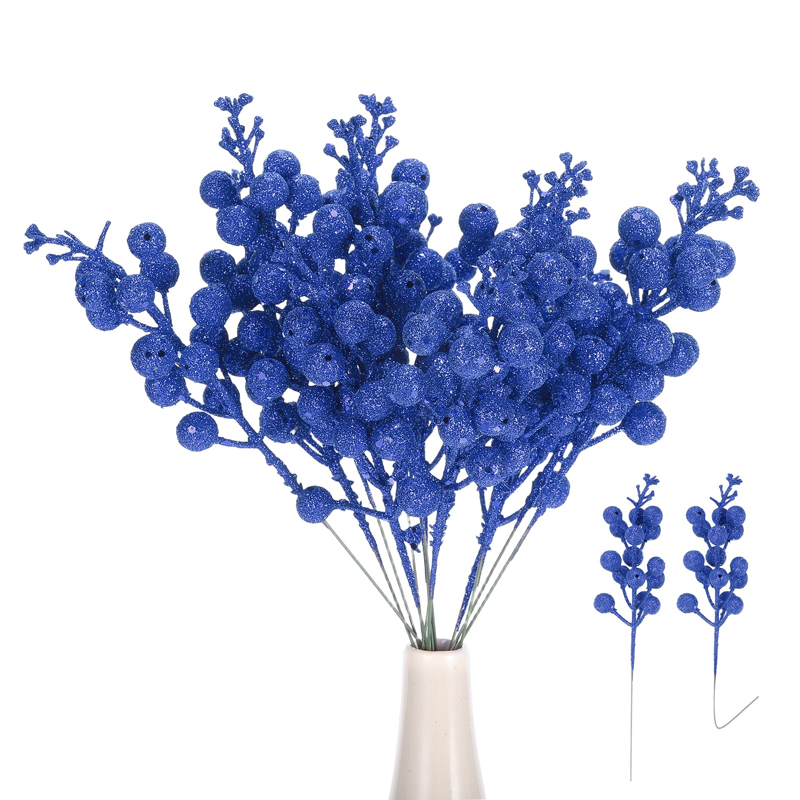 sourcing map 15Pcs Christmas Glitter Berries Stems, 9 Inch Artificial Berry Picks for Christmas Tree Ornaments Holiday Wedding DIY Wreath Crafts Decoration(Sapphire Blue)