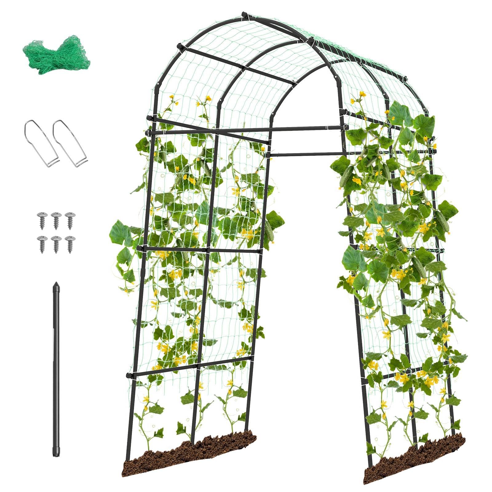 TANGZON 230cm Garden Arch Trellis, Metal Plants Flowers Vegetables Vines Support Tunnel Trellis with Trellis Netting & Drilling Rod, Outdoor Cucumber Trellis for Raised Bed, 181 x 110-160 x 230cm