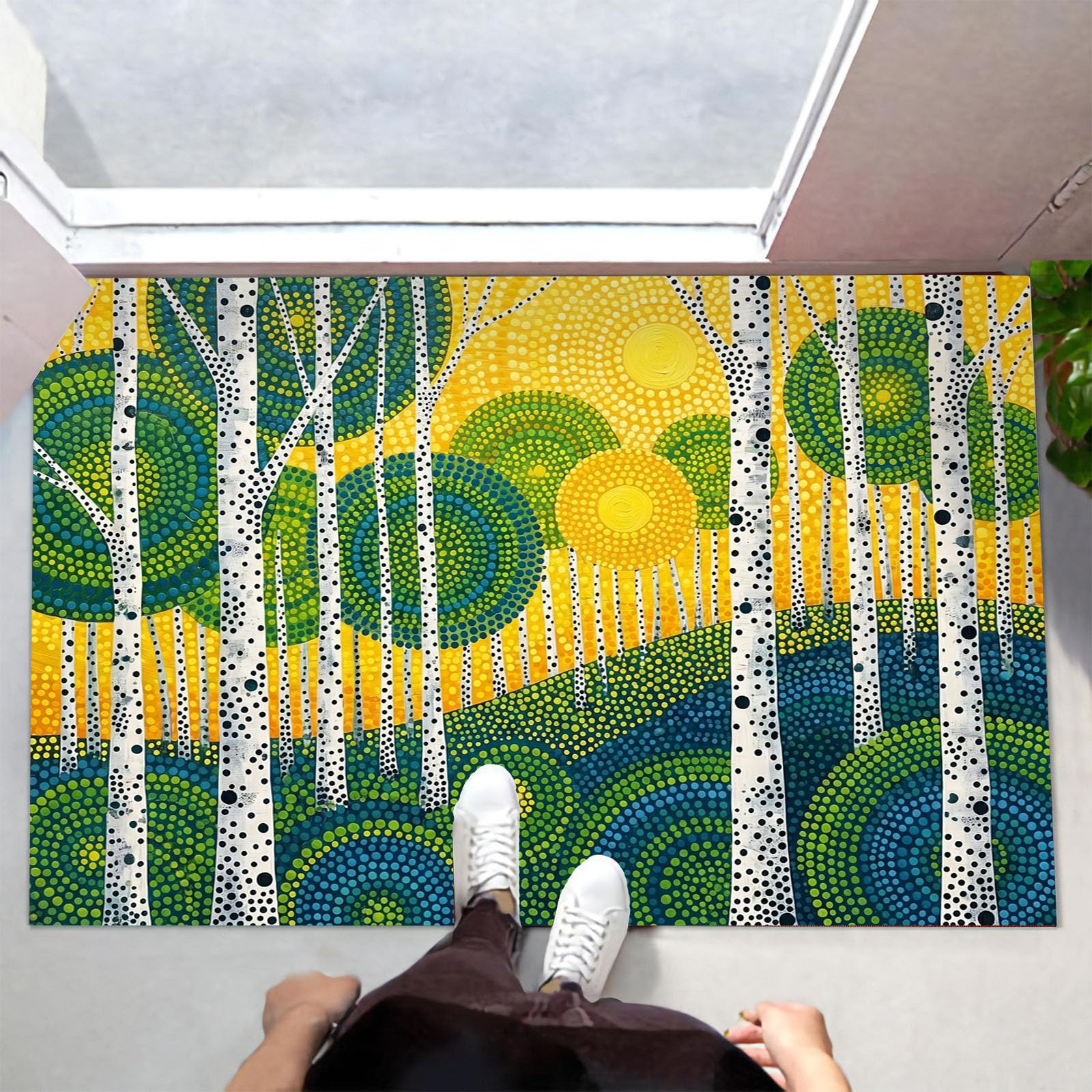 Zerbino Ingresso Interno 80X120Cm Foresta Astratta Pois Tappeto Lavabile Antiscivolo Dipinto Olio Raffigurante Betulla Passatoia Corridoio Sottile Zerbino Per Porta Di Casa Cucina Ufficio,Giallo-Verde