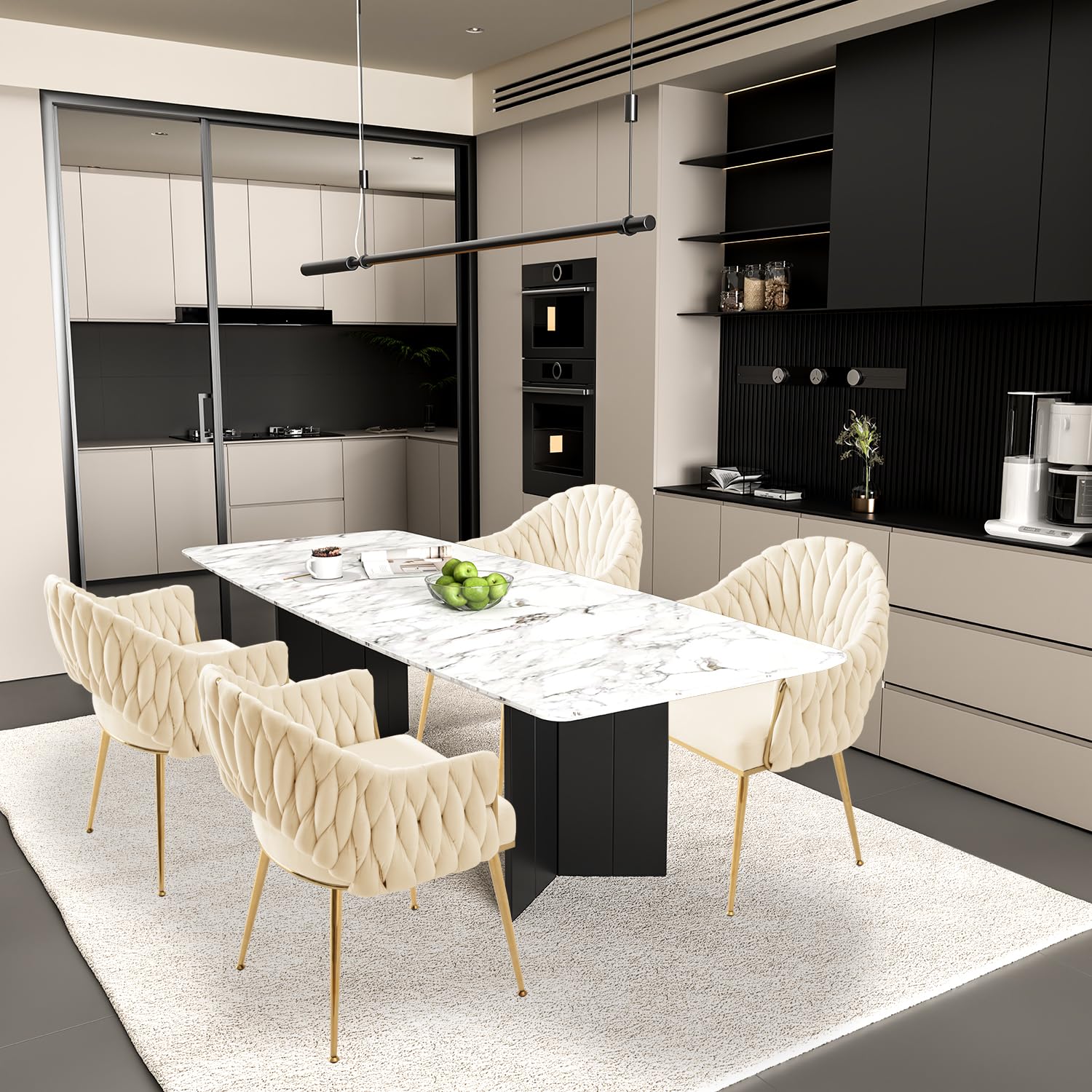 Juego de 2 sillas de Comedor de Terciopelo, sillones de salón, sillas de Comedor con reposabrazos, sillas de Cocina con Respaldo Alto Trenzado a Mano, Silla de tocador con Patas Doradas,Blanco