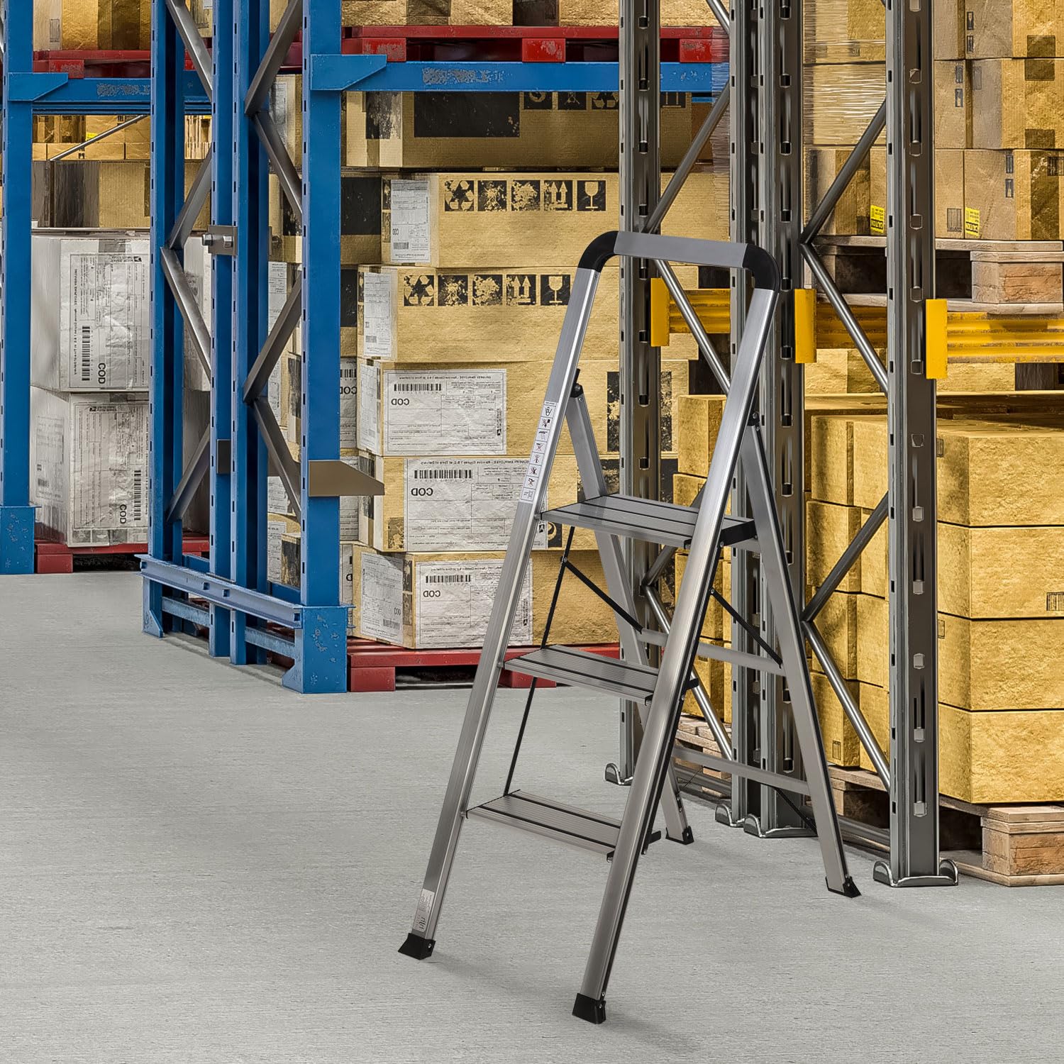 Scaletta Pieghevole A 3 Gradini In Alluminio - Portata 150 Kg, Con Barra Di Sicurezza