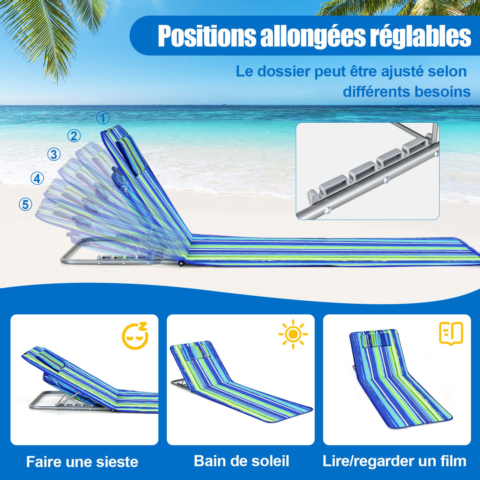 GOPLUS - Colchón de playa ajustable de 5 posiciones con mesa baja, 2 alfombrillas de playa con reposacabezas, mesa auxiliar portátil, diseño plegable, ideal para patio, piscina, terraza (azul verde)