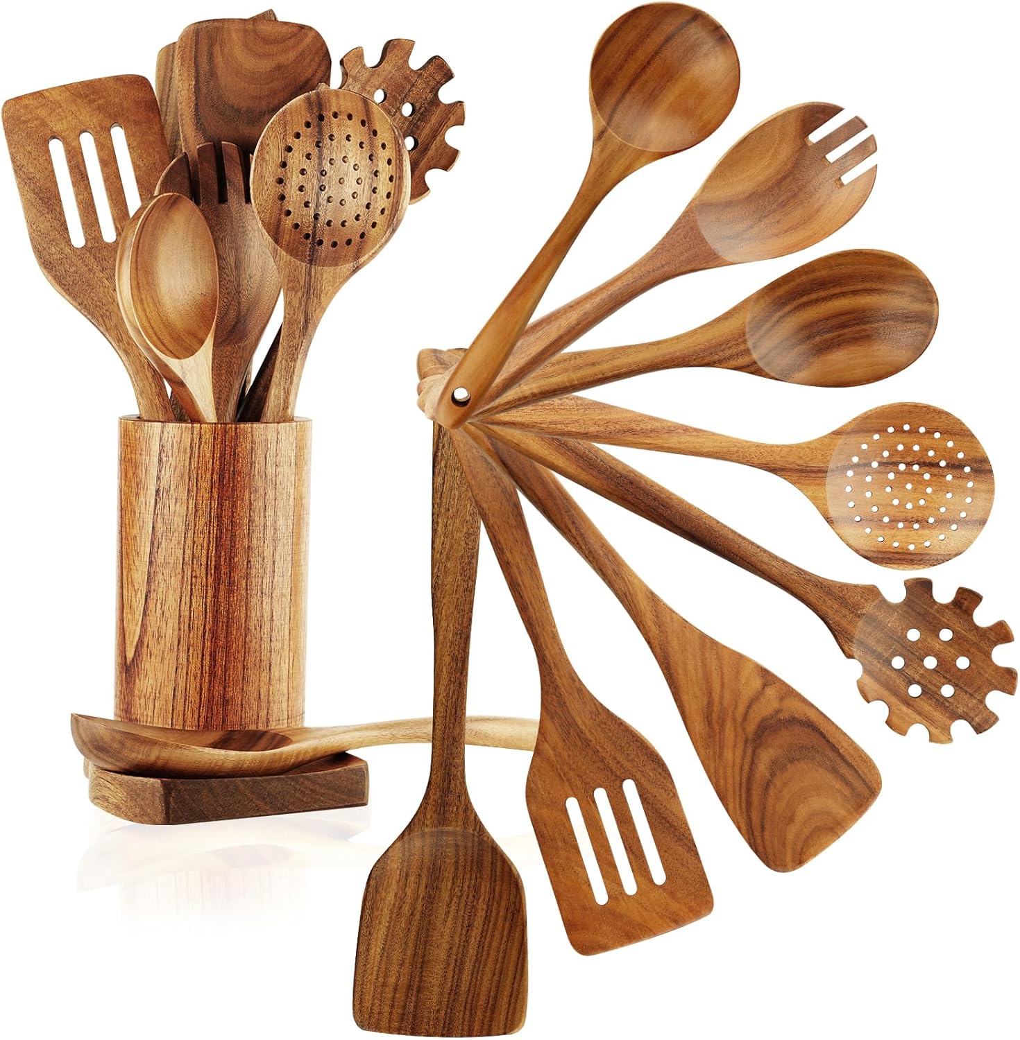 FJNATINH Wooden Spoons for Cooking, 10 Pcs Teak Wooden Cooking Utensil Set with Holder, Wooden Kitchen Utensils Set for Nonstick Pans & Cookware FJNATINH Wooden Spoons for Cooking, 10 Pcs Teak Wooden Cooking Utensil Set with Holder, Wooden Kitchen Utensils Set for Nonstick Pans & Cookware