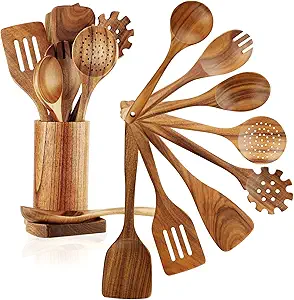 FJNATINH Wooden Spoons for Cooking, 10 Pcs Teak Wooden Cooking Utensil Set with Holder, Wooden Kitchen Utensils Set for Nonstick Pans & Cookware