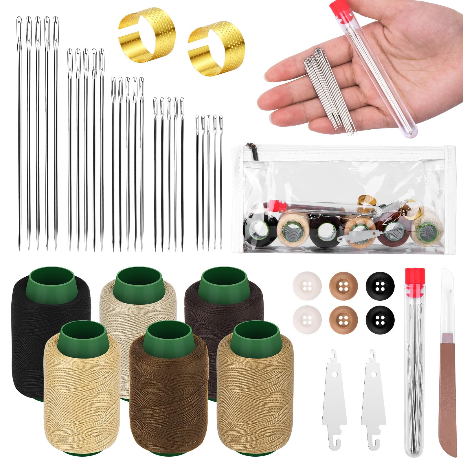 Homgaty Stainless Steel Sewing Needles Set - Large Eye Needle Kit with Thread, Thimbles & Accessories, Complete Hand Sewing Supplies, Emergency Repair & Travel Sewing Pack (Earth Tone Style)