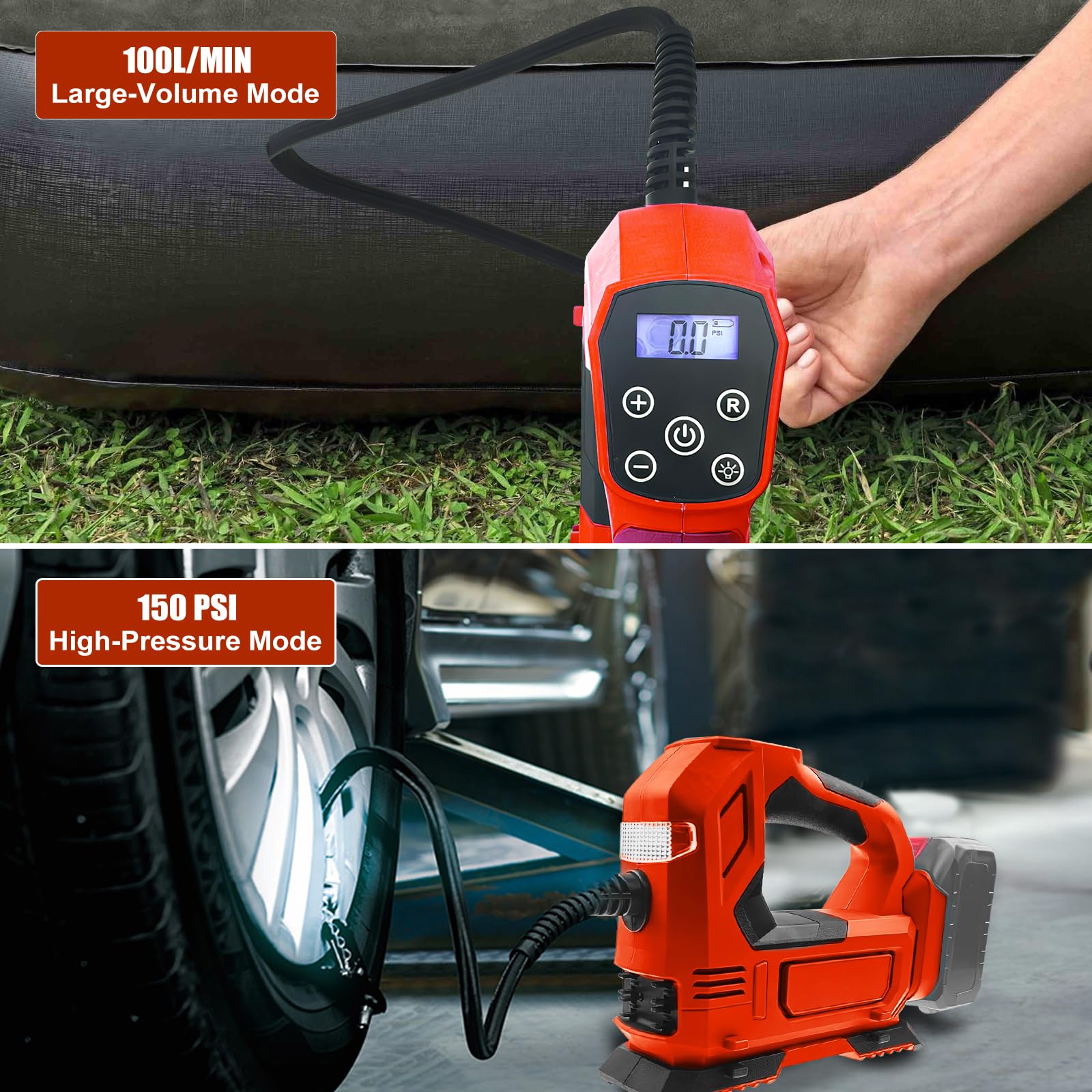 Akku-Kompressor für ‎Milwaukee M18 Akku (ohne Akku, ohne Ladegerät), Tragbare LED-Licht Handheld Luftpumpe mit digitalem Manometer, Elektrische Luftkompressor für Autos, Motorräder, Fahrräder, Sportbä