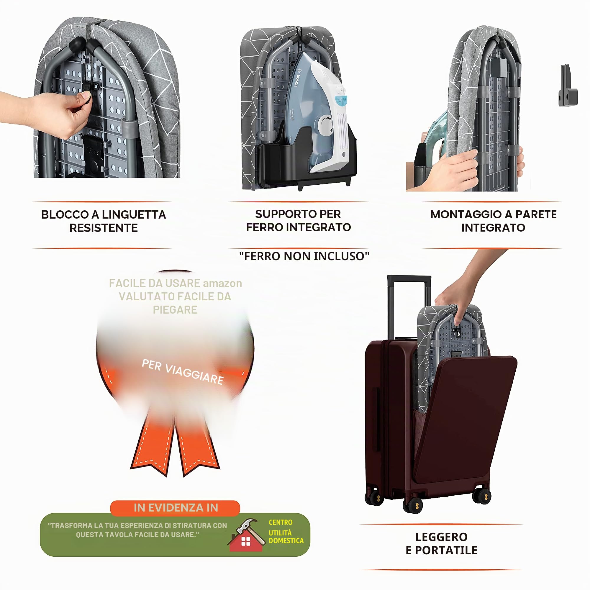 XABITAT Asse da stiro da tavolo con fissaggio a parete, mini asse da stiro portatile salvaspazio per lavanderia, pieghevole, piccola, con supporto per ferro da stiro, grigio