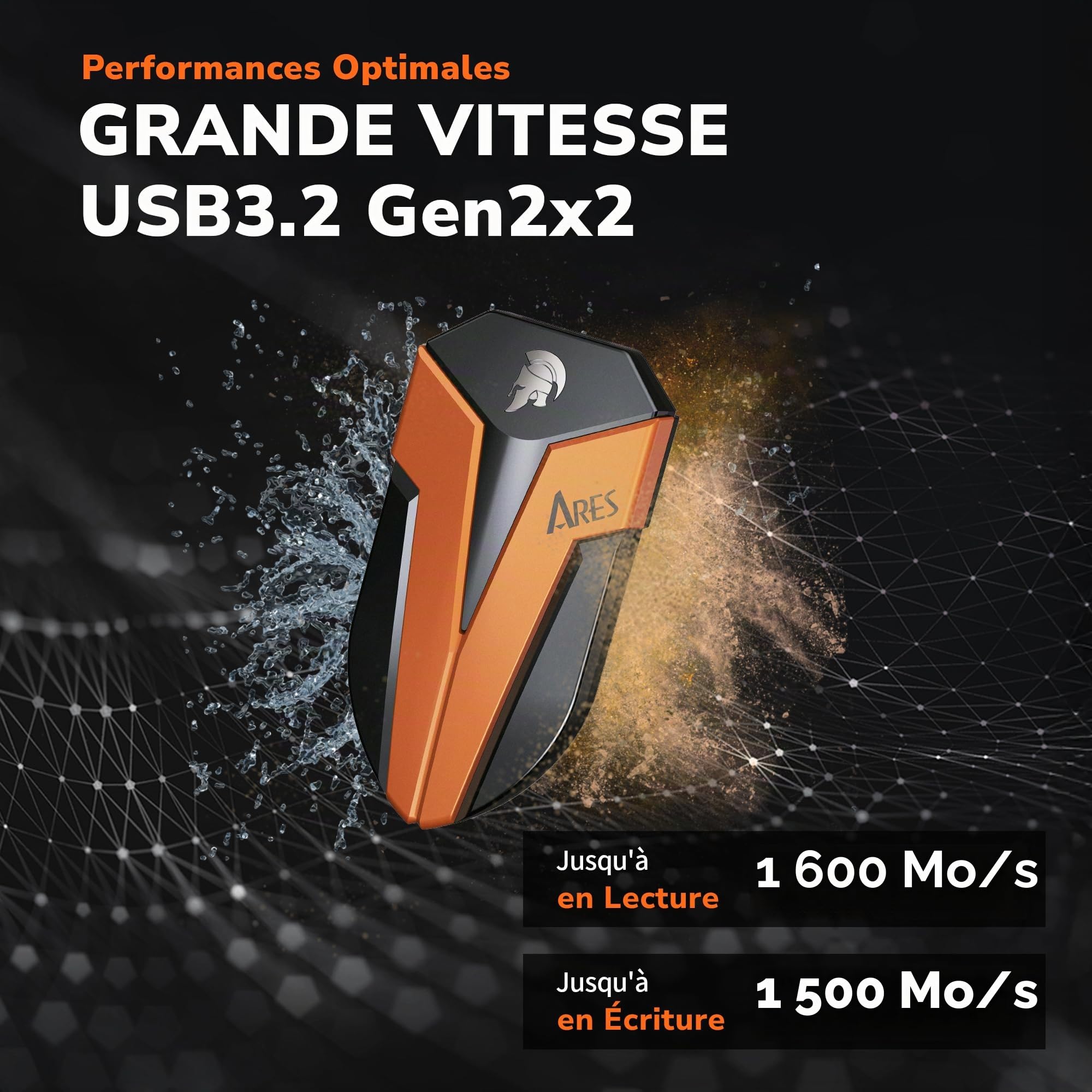 DATO SSD Externe 2 to, USB 3.2 Gen 2x2 Jusqu’à 1600/1500 Mo/s, Type C OTG Résistance à la poussière et à l'eau classée IP67, Compatible avec PS5 & Xbox - ARES Amber Shield Série