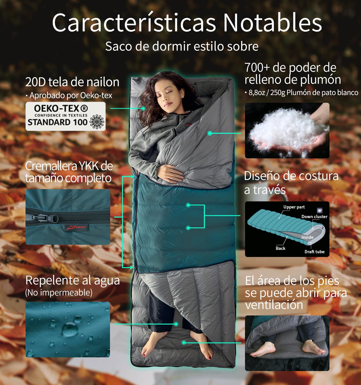 Saco de Dormir combinable Litume de plumón, 565g, 15°C, Ligero, Compacto para Adultos, Saco de Dormir Doble, para mochileros, Camping, Familia, Compacto con Bolsa de Almacenamiento(Verde Azulado)