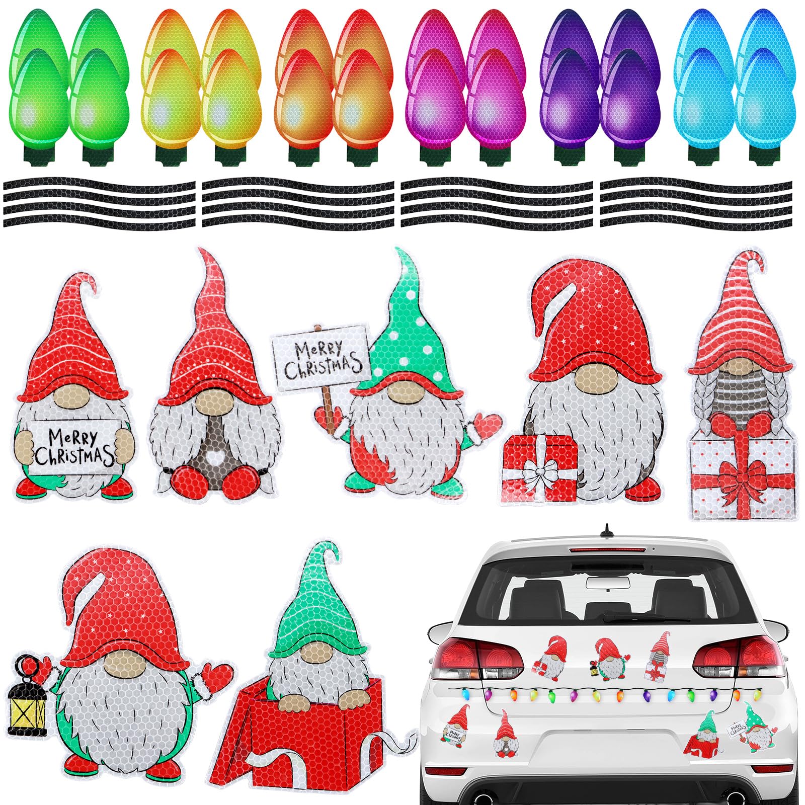 SPOKKI 47 Pieces Reflective Car Magnets Stickers Set, Light Bulb Shape Decals for Halloween, Decorating Travel Cars, Refrigerator (24 Bulbs + 7 Gnomes + 16 Wires)