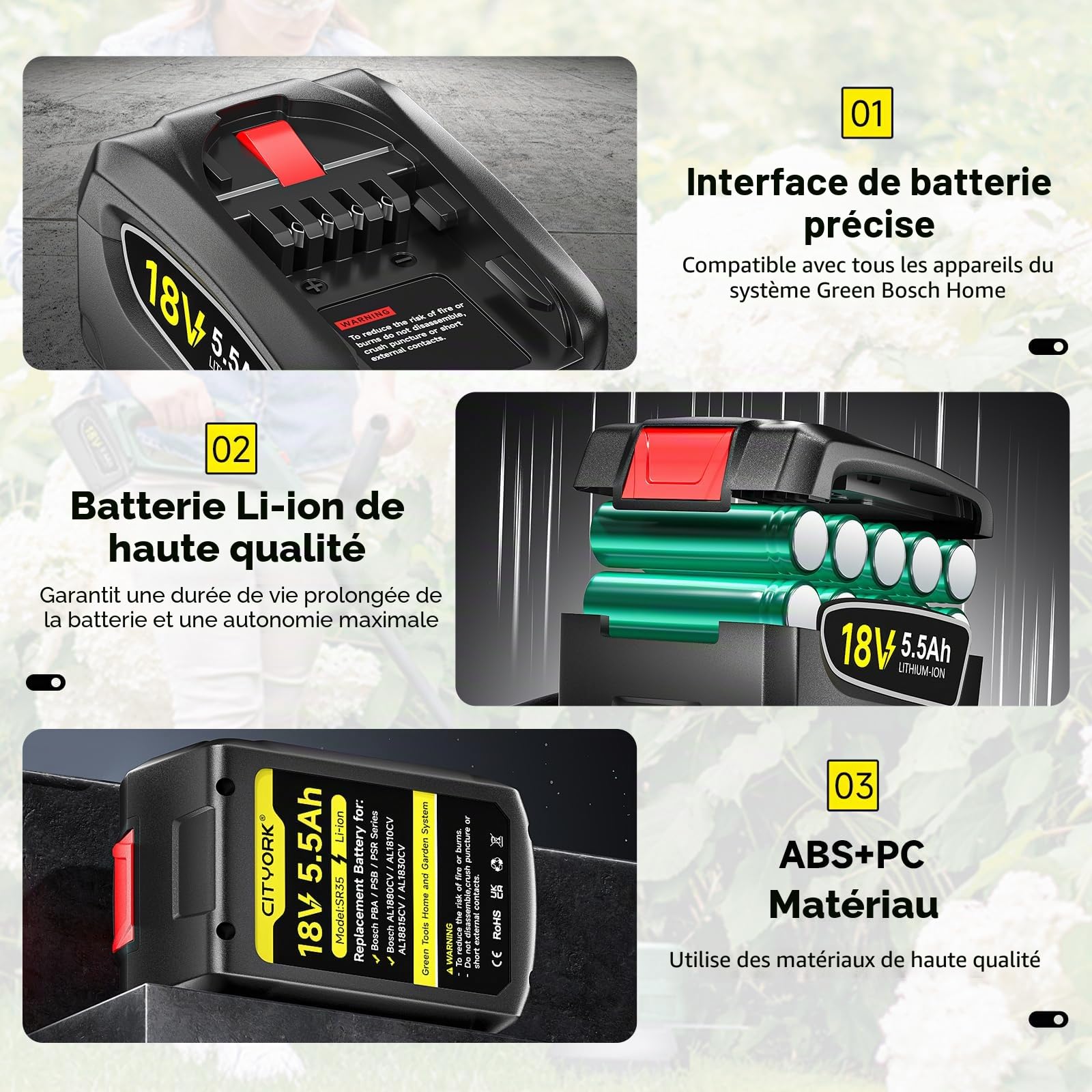 CITYORK 5500mAh 18V Batterie de Rechange pour Bosch PBA PSB PSR, pour 18V Outils Green Maison & Jardin 18VSystem AL1880CV AL1810CV AL18815CV AL1830CV (Non avec la série Bosch Unlimited)