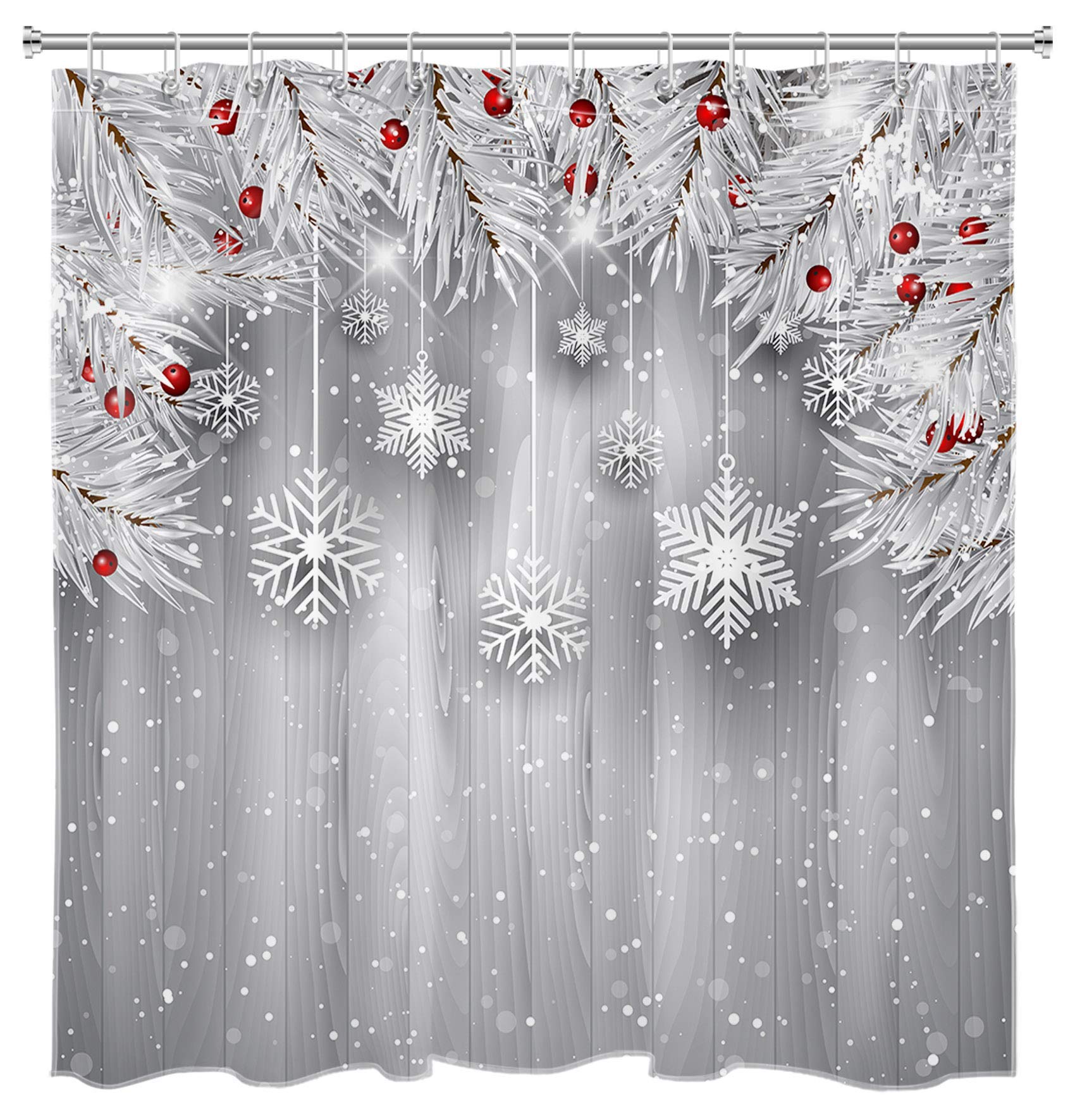 Gooesing 20 Winter Snowflake Shower Curtain - Silver Christmas With Wood Plank Design For Bathroom, 180X180 Curtain Sets With Hooks