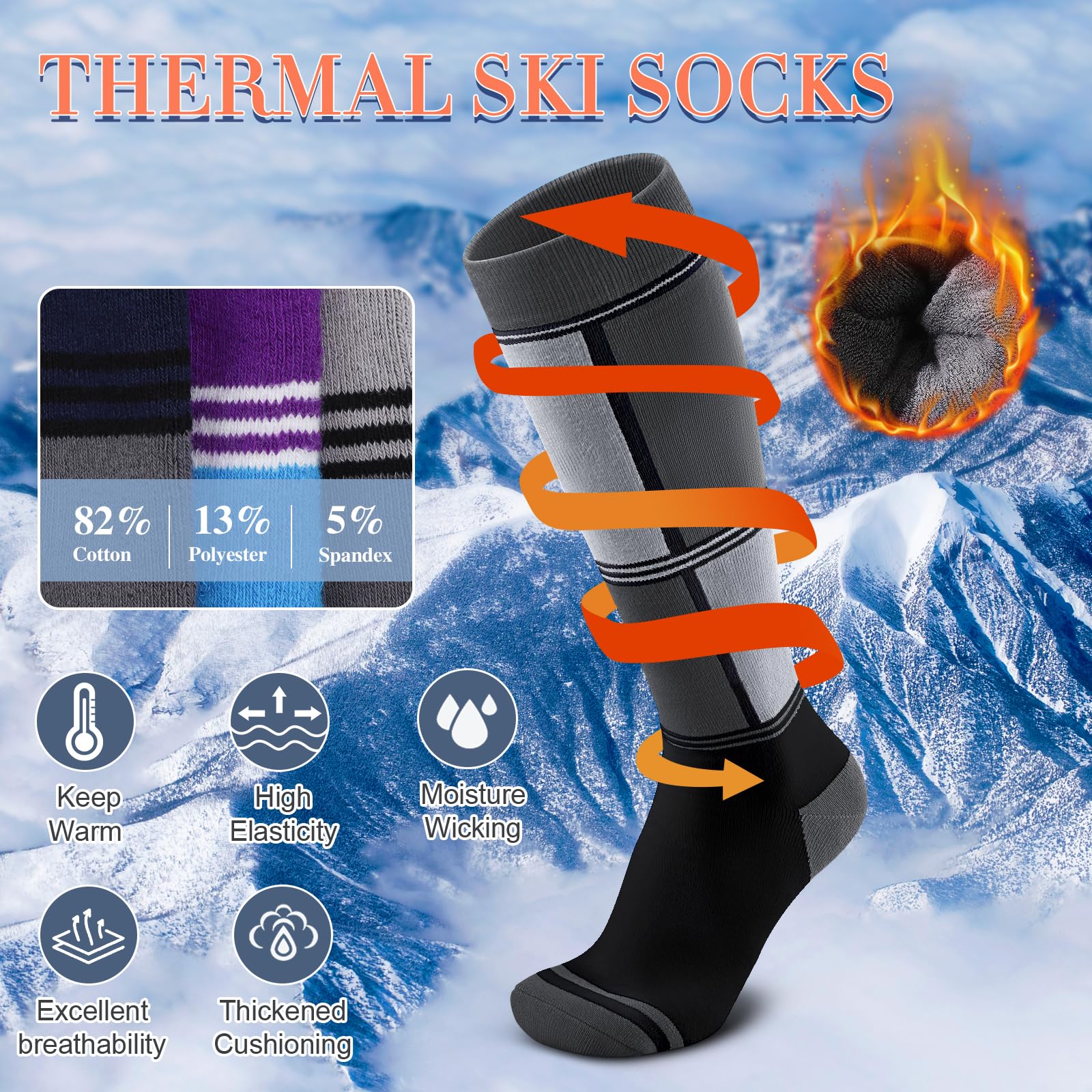 Reamphy 2 Pairs Ski Socks for Men Women - Warm Thermal Over-the-Calf Long Snow Socks for Snowboarding, Hiking, Hunting?GreyGrey, Medium?