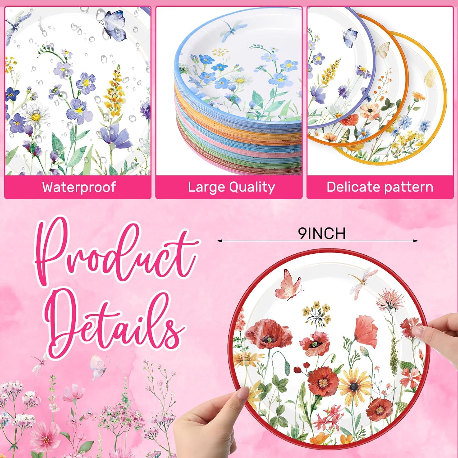 Sunnyray 100 Pack Wildflower Party Plates Floral Disposable Paper Plates 9 Inch, Elegant Vintage Garden for Tea Party, Bridal Shower, Baby Shower, Birthday Supplies