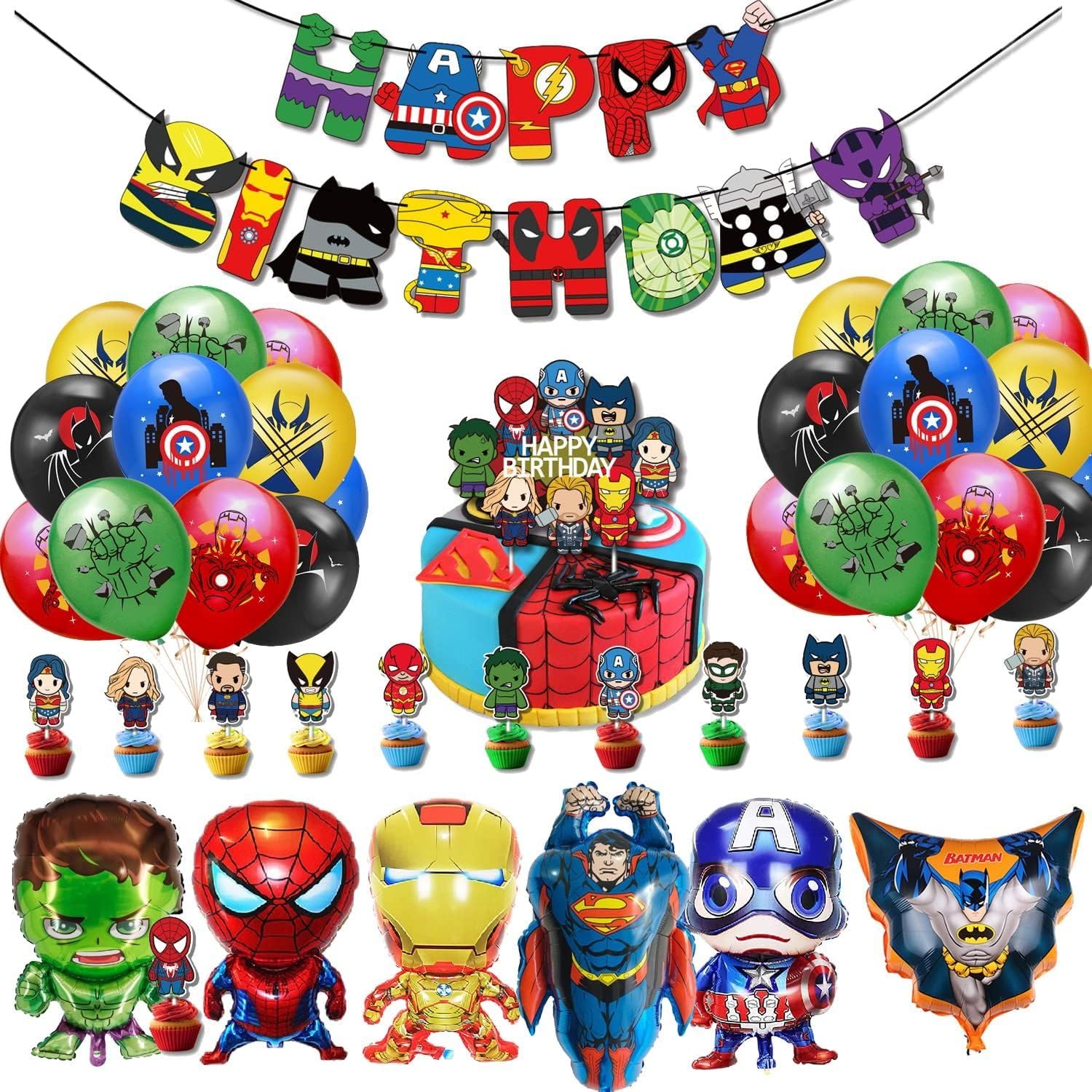 Superhero Birthday Party Decorations Avenger Party Supplies - Happy Birthday Banner Super hero Large Foil Balloons Cake Topper for Kid's Boys, girls Superhero Themem Party Decor Supplies (C)