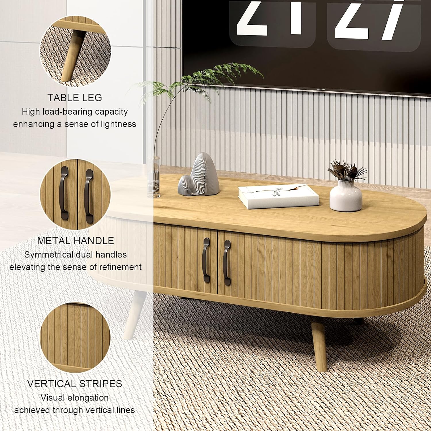 Coffee Table with Storage, Modern Oval Tea Table for Living Room End Sofa Tables with Sliding Doors, Natural