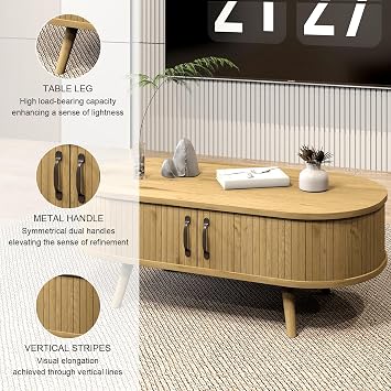 Coffee Table with Storage, Modern Oval Tea Table for Living Room End Sofa Tables with Sliding Doors, Natural (Oval)