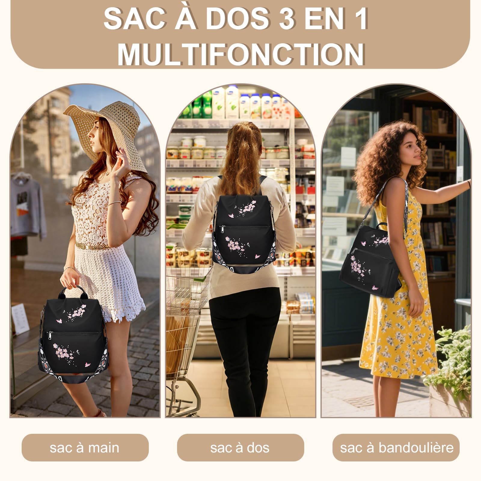 Eshow Sac à Dos Femme Antivol Nylon, Sacs à Main Portés Dos Femme, Petit Sac Bandoulière Fort Backpack Multifonctionnel Casual Léger pour Voyage L'école Travail Université Collège Noir
