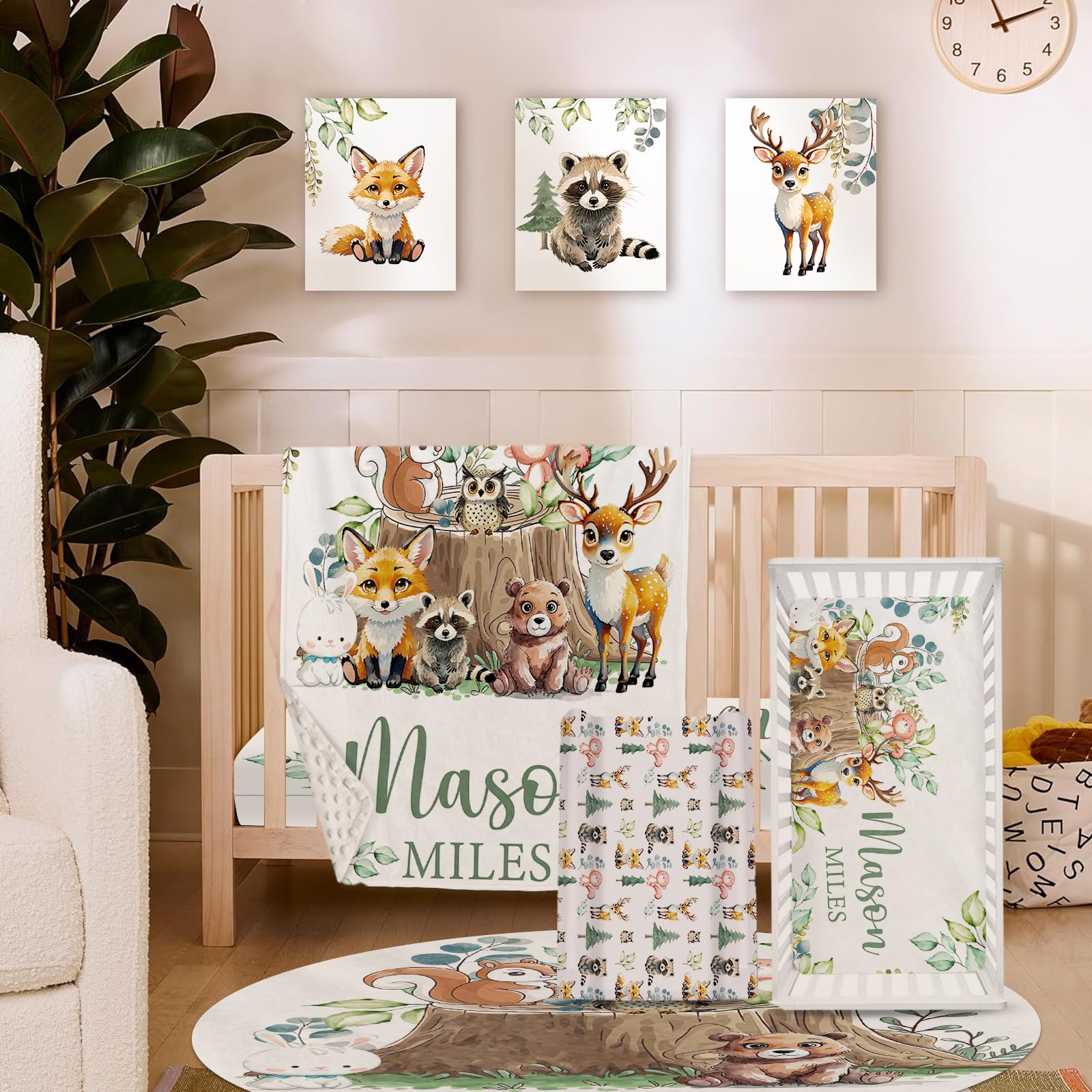 Personalized Baby Crib Bedding Set for Baby Boys Girls Animal Stump Pattern Custom Name Baby Crib Sets 5-Pcs