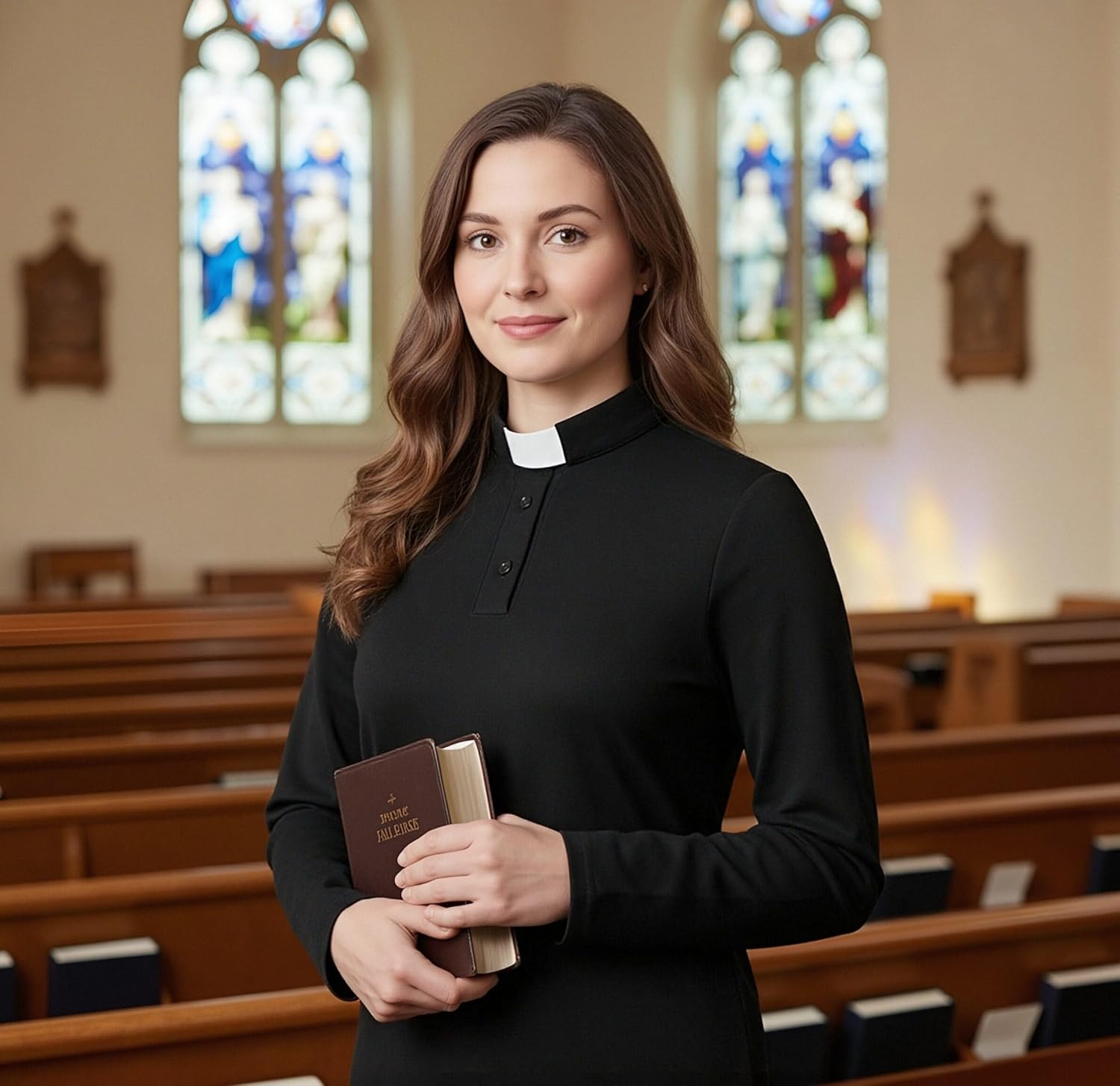 Womens Clergy Shirt Tab Collar Long Sleeves Polo Shirt Clergy Button Down Blouse