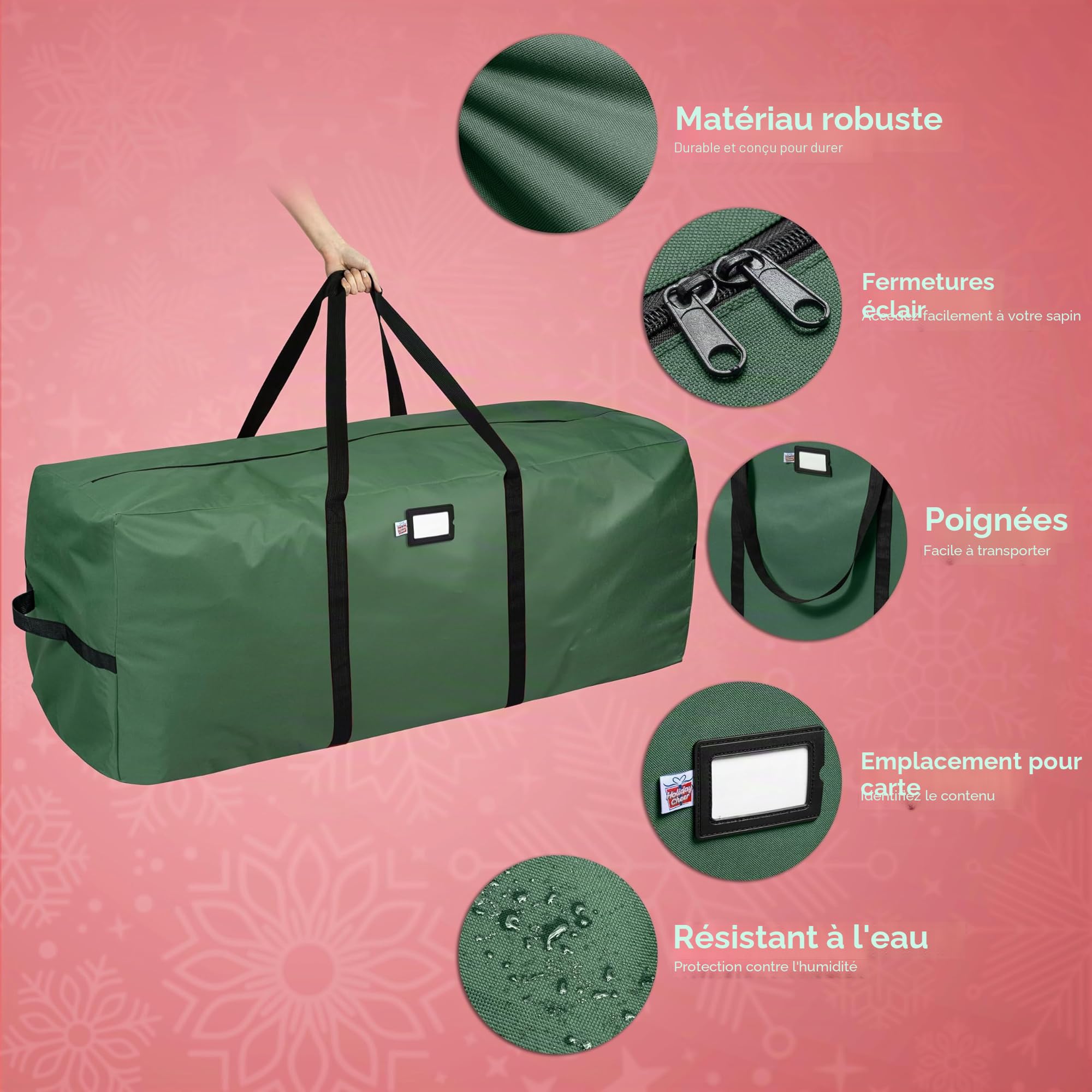 Holiday Cheer Sac de rangement pour sapin de Noël – Sac de rangement robuste pour sapin de Noël artificiel jusqu'à 2,3 m de haut, imperméable avec poignées durables et fermeture éclair – Sac de