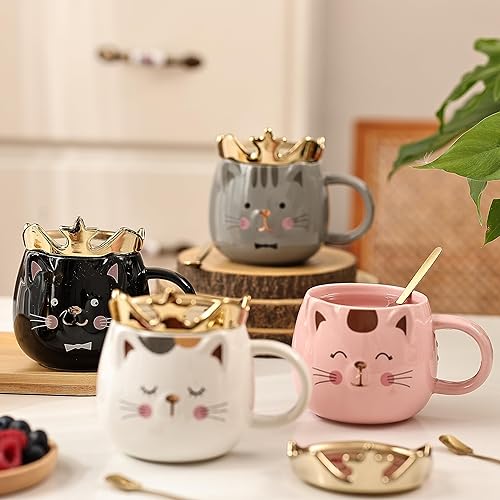 Miniatura 7 de Juego de 4 tazas de gato lindo juego de 4 tazas de gato con corona con tapa para teléfono celular para amantes de los gatos, lindas tazas de café de