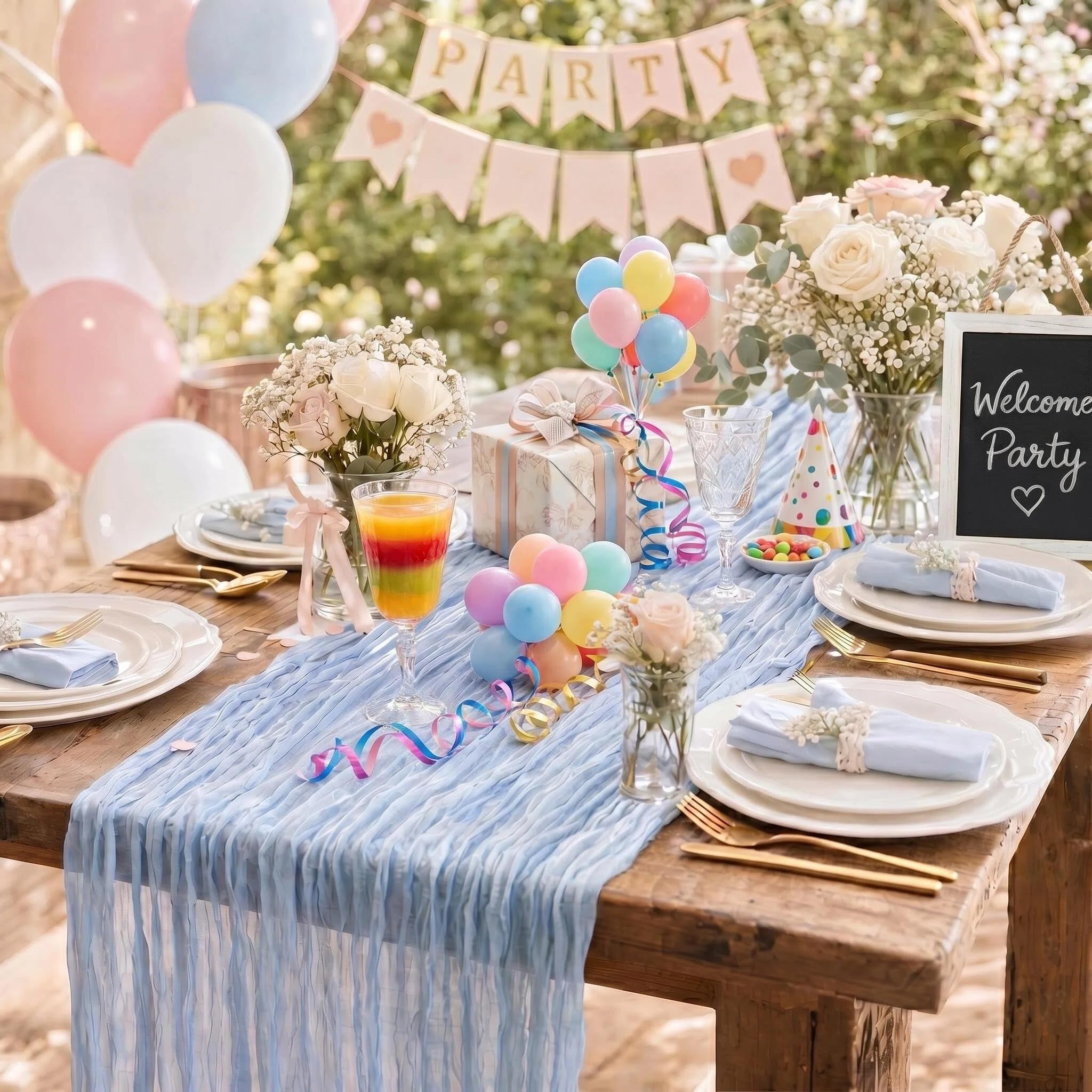 MAIBAOTA Dusty Blue Cheesecloth Table Runner 90 x 300 cm Boho Rustic Gauze Cheese Cloth Table Runners for Wedding Arch Chair Backs Decorations Birthday Party Baby Bridal Shower Decor