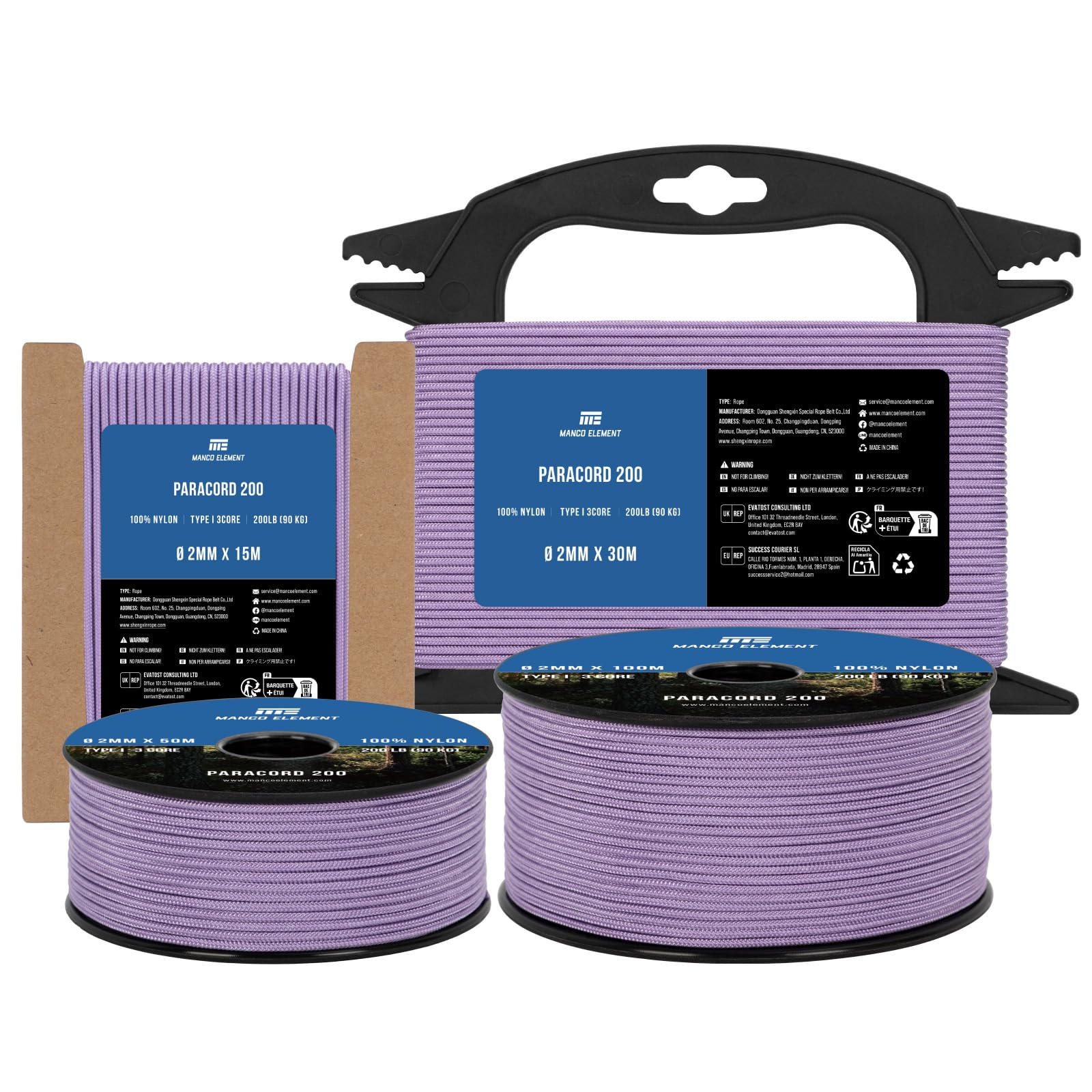 Manco Element Paracord 2mm 15m 3 Strands Type I Lilac | 100% Nylon Parachute Cord Rope | 90KG Load Capacity - Ideal for DIY, Crafting, Outdoor, Camping