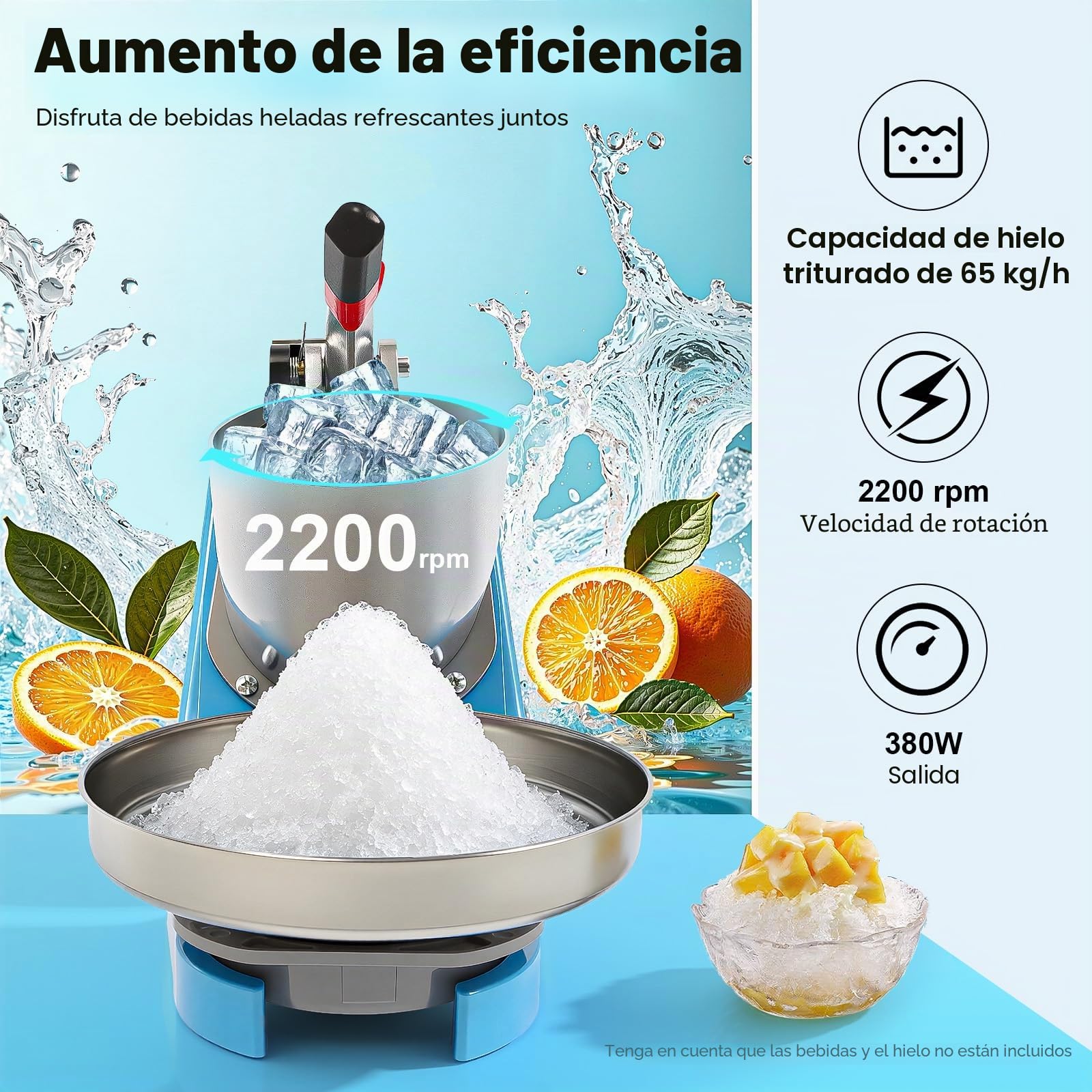 Trituradora de hielo eléctrica, trituradora de hielo de acero inoxidable, 220 V, 380 W, trituradora de hielo de 2200 rpm, para preparación de bebidas frías, té con leche, batidos, batidos de leche