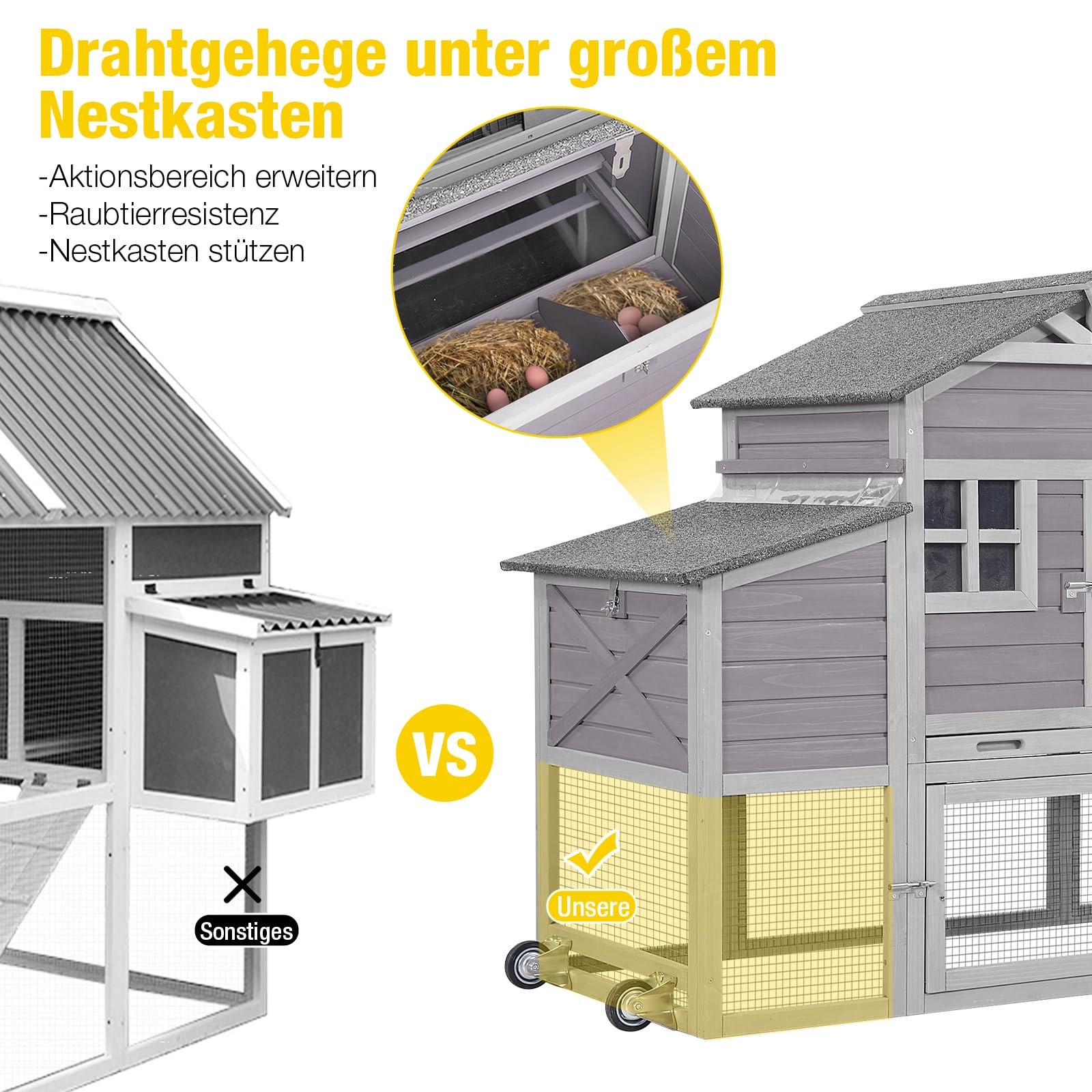 Aivituvin Hühnerstall mit Rädern, Beweglicher Erweiterbarer Holzkäfig für Kaninchen & Geflügel mit großem Legekasten, undurchlässiger herausziehbarer Schubschale und UV-beständigem Dach (Grau)