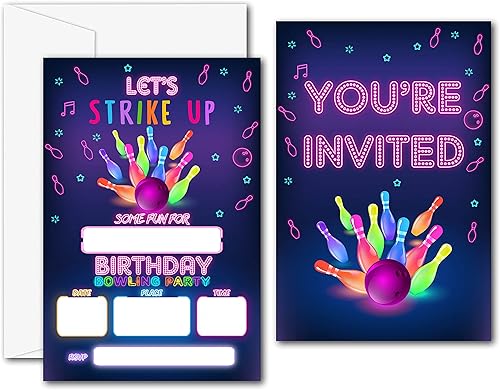 Let's Strike Up Bowling Invitaciones para fiesta de cumpleaños – Suministros para fiesta de bolos – Completa las invitaciones de fiesta de