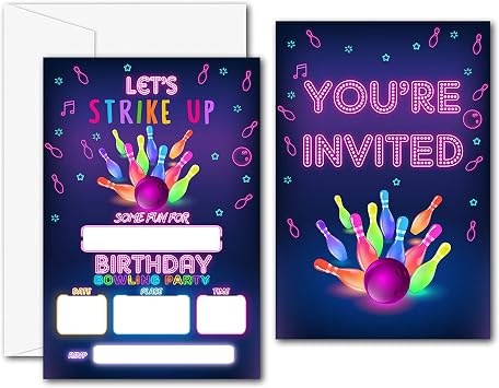 Lets Strike Up Bowling Birthday Party Invitations - Bowling Party Supplies - Fill in The Blank Birthday Party Invites - 20 Invitation Cards With 20 Envelopes - 006A