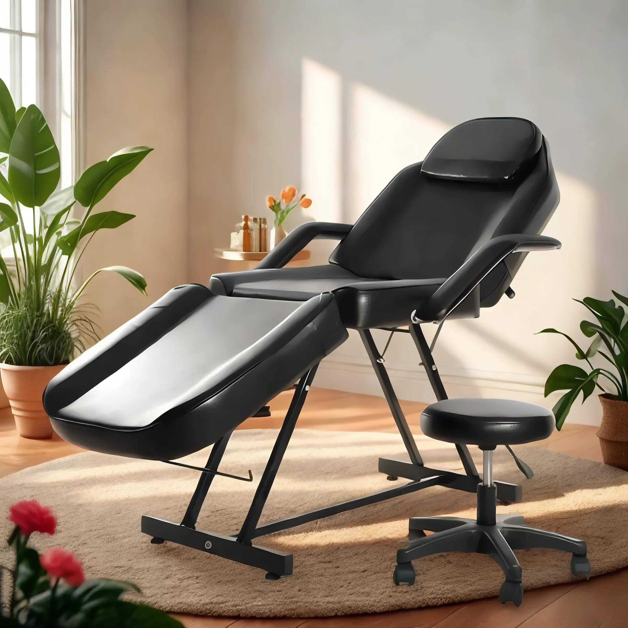 Camilla de Masaje Ajustable Cama de Masaje Plegable de Cuero PU con Taburete para Uso Profesional y Doméstico (Negro)