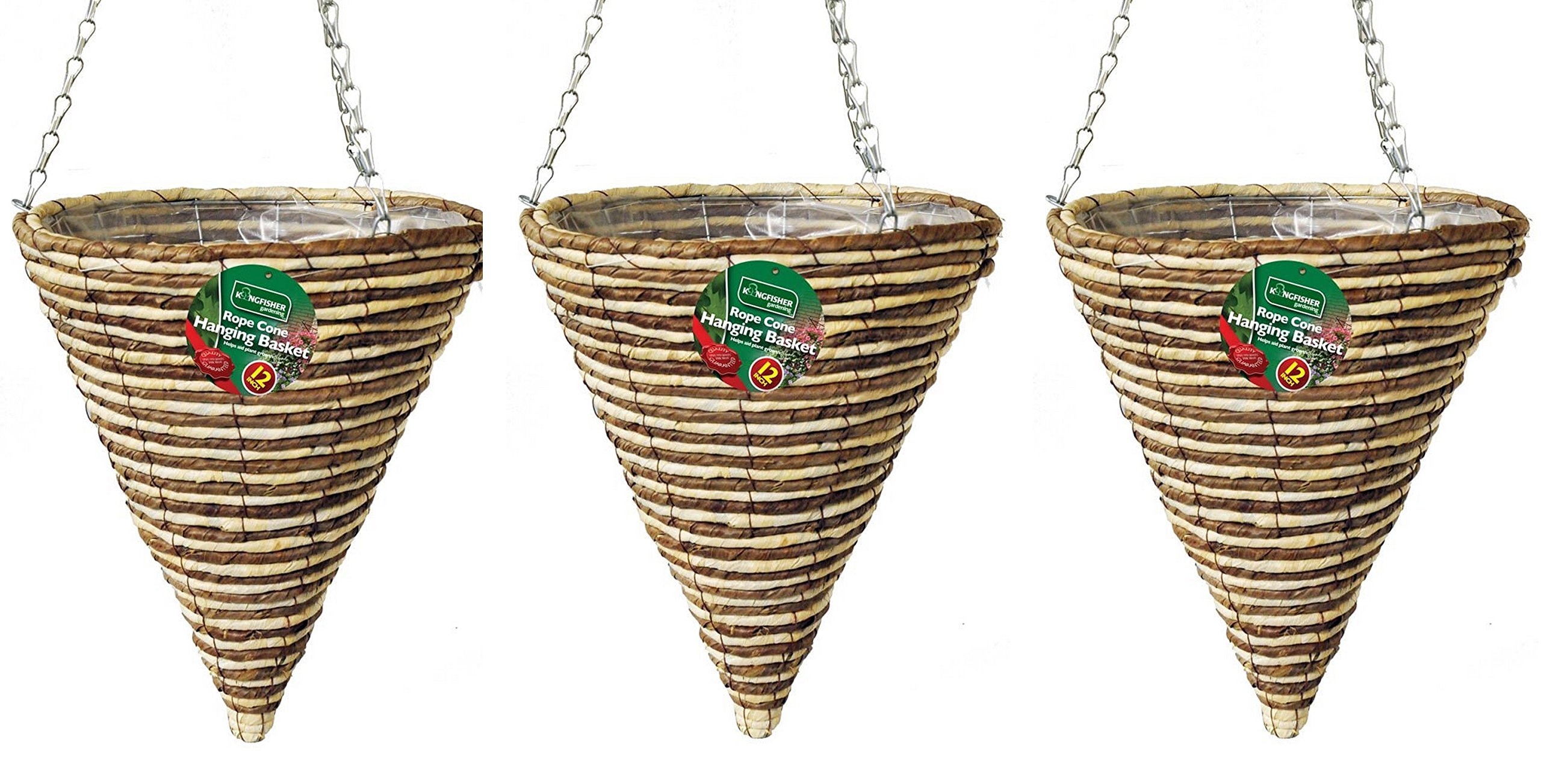 3 X Kingfisher 30Cm Rope Cone Hanging Lined Basket Chain Wicker Garden Plants