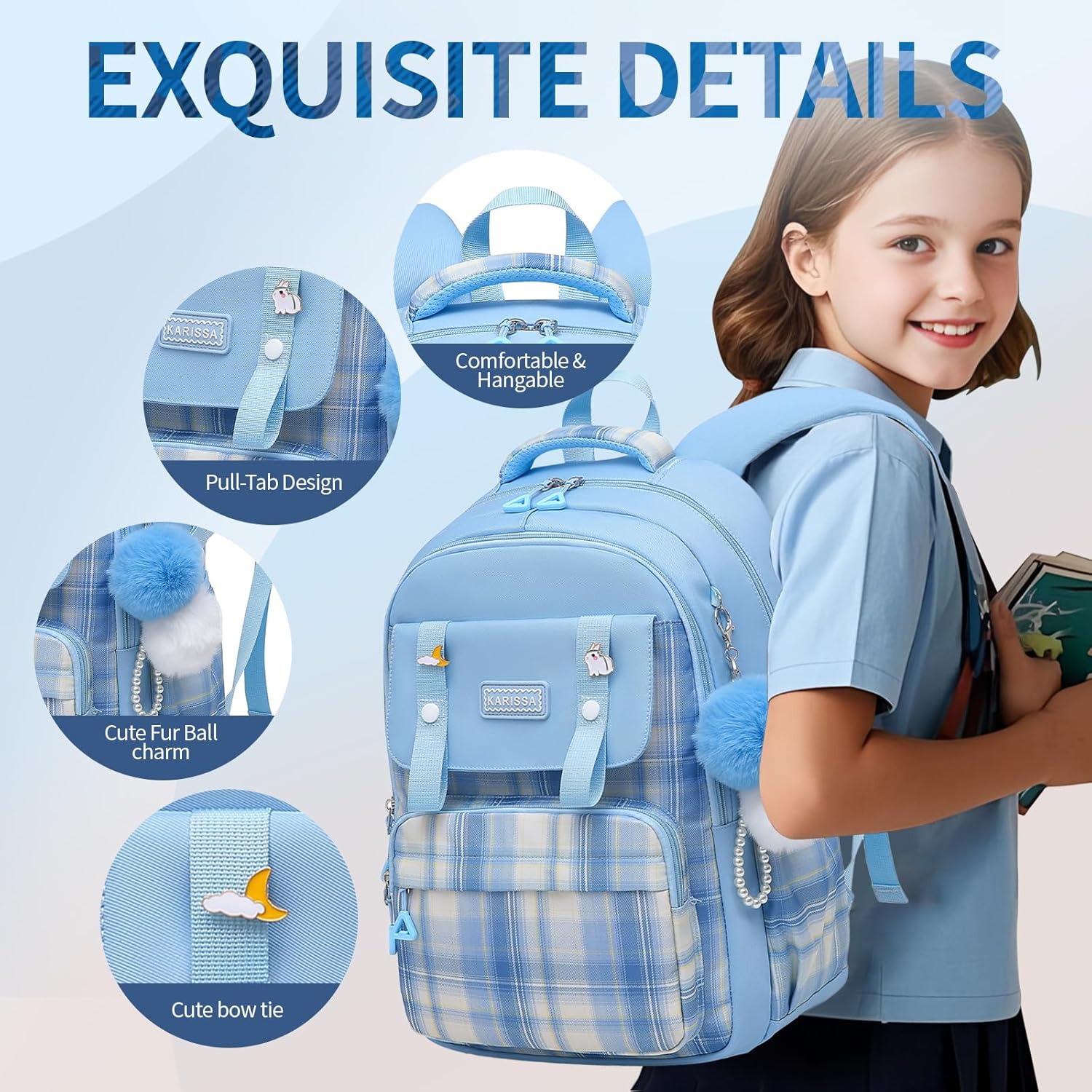 Teen Girls Backpack Aesthetic Laptop Bookbag Elementary Middle School Travel Daypacks Mochilas Escolares Blue - Image 6