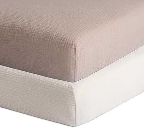 Meracorallo Sábanas bajeras de muselina para cuna, paquete de 2 sábanas de algodón suave y transpirable, sábana neutra para cuna para bebés niños y