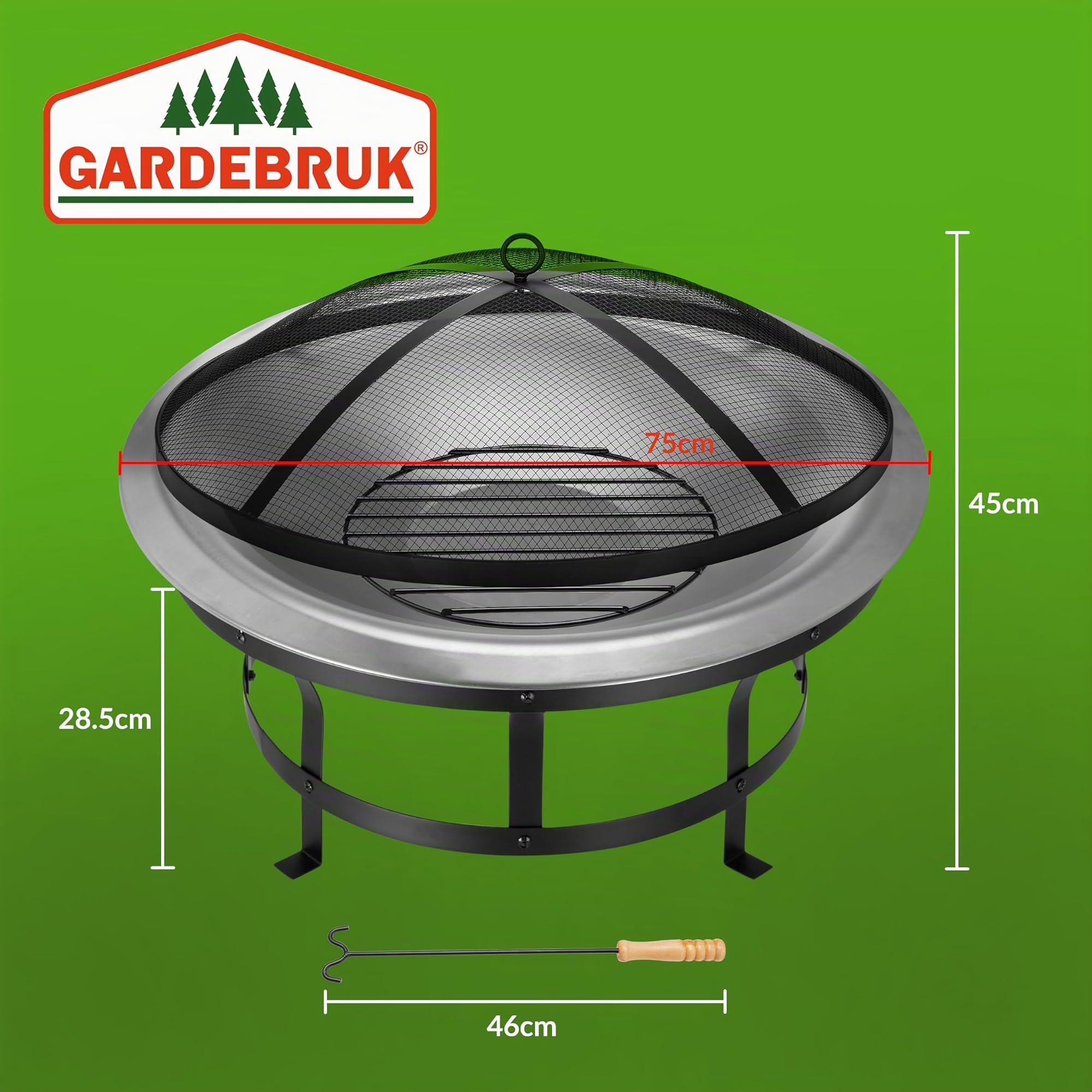GARDEBRUK® Brasero de Jardin Rond 75 cm Acier Inoxydable avec Couvercle extérieur Jardin Grille Projections d'étincelles