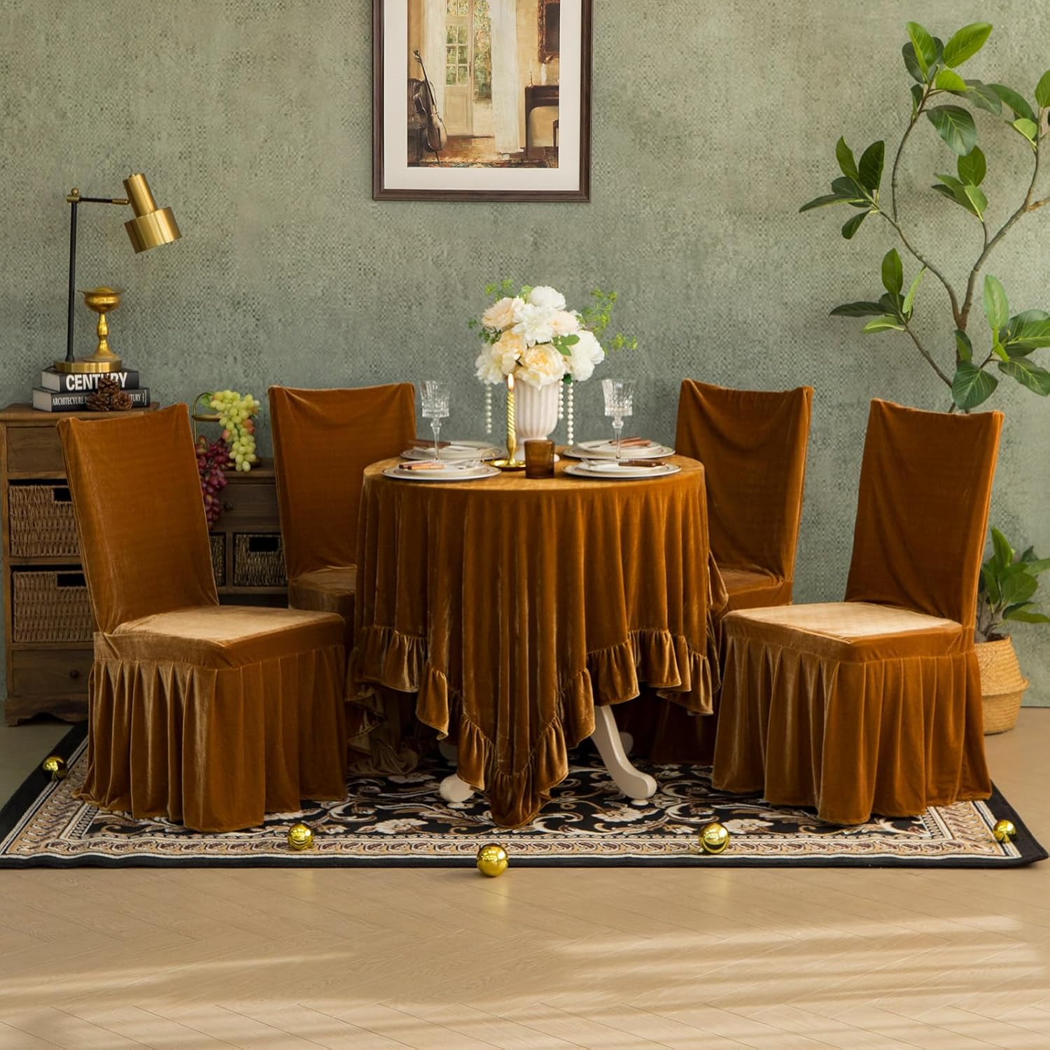 Velvet Chair Covers Set of 2 Retro Ruffle Flounces Trim Soft Decorative Luxurious Solid Golden Camel Farmhouse Vintage Washable Soft Stretch Dining Seat Slipcover Removable Parsons Chair Protector